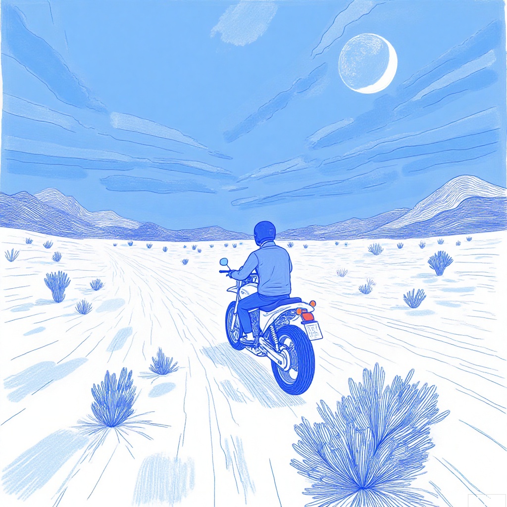 Blue line illustration art, beautiful desert, alone riding motorcycle