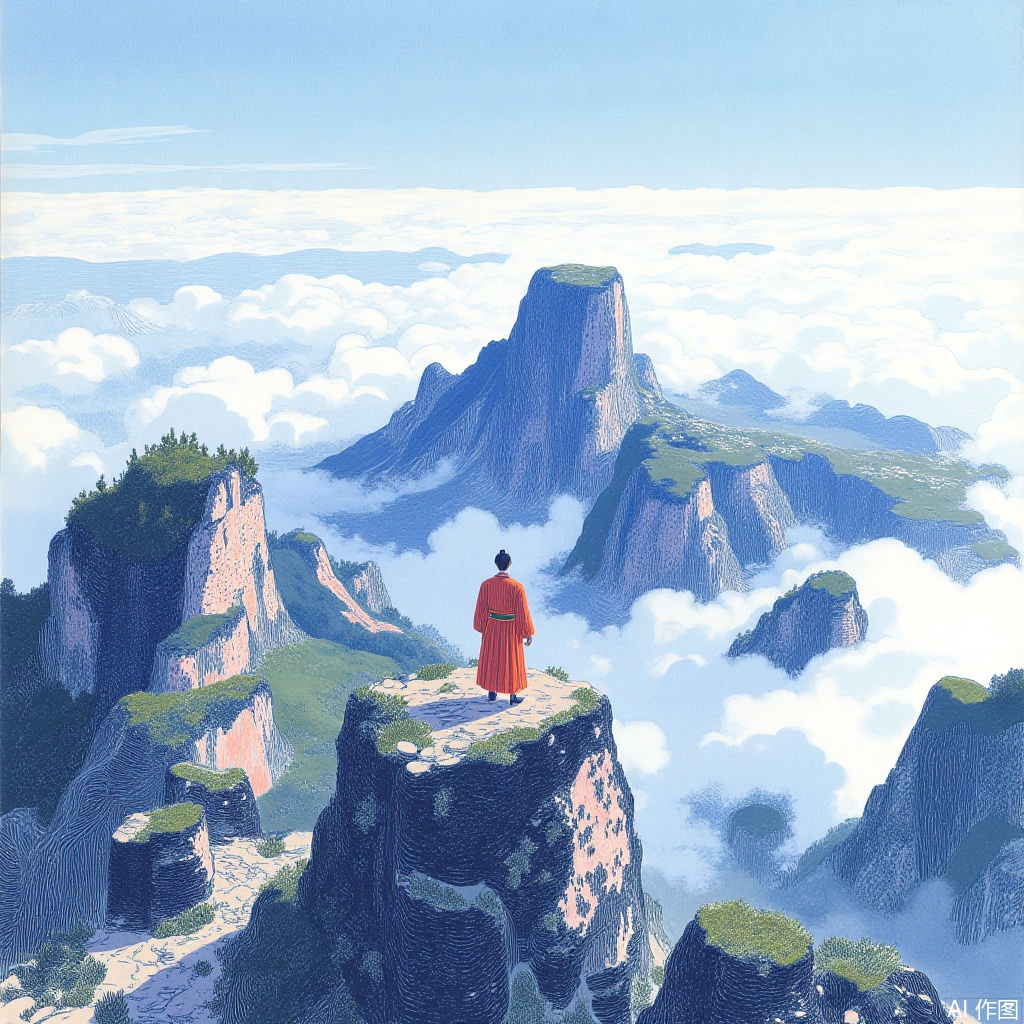 Mount Tai, towering peak, a man in Red Hanfu standing on the peak, back to the camera, Panorama, overlooking the camera, sea of clouds, Day, Wonderland, sunshine, high definition, 8k, ancient painting, picturesque scenery, ((poakl))