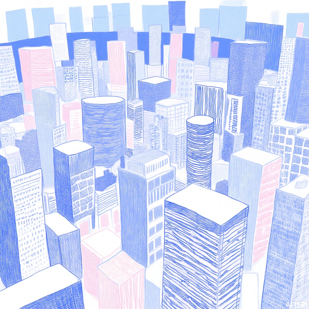  This is a digital drawing in a stylized, abstract art style. It depicts a cityscape with a multitude of skyscrapers in varying shades of blue and pink. The buildings have geometric shapes and patterns, creating a textured, almost patchwork effect. The background is a gradient of blue and white, enhancing the depth and perspective.