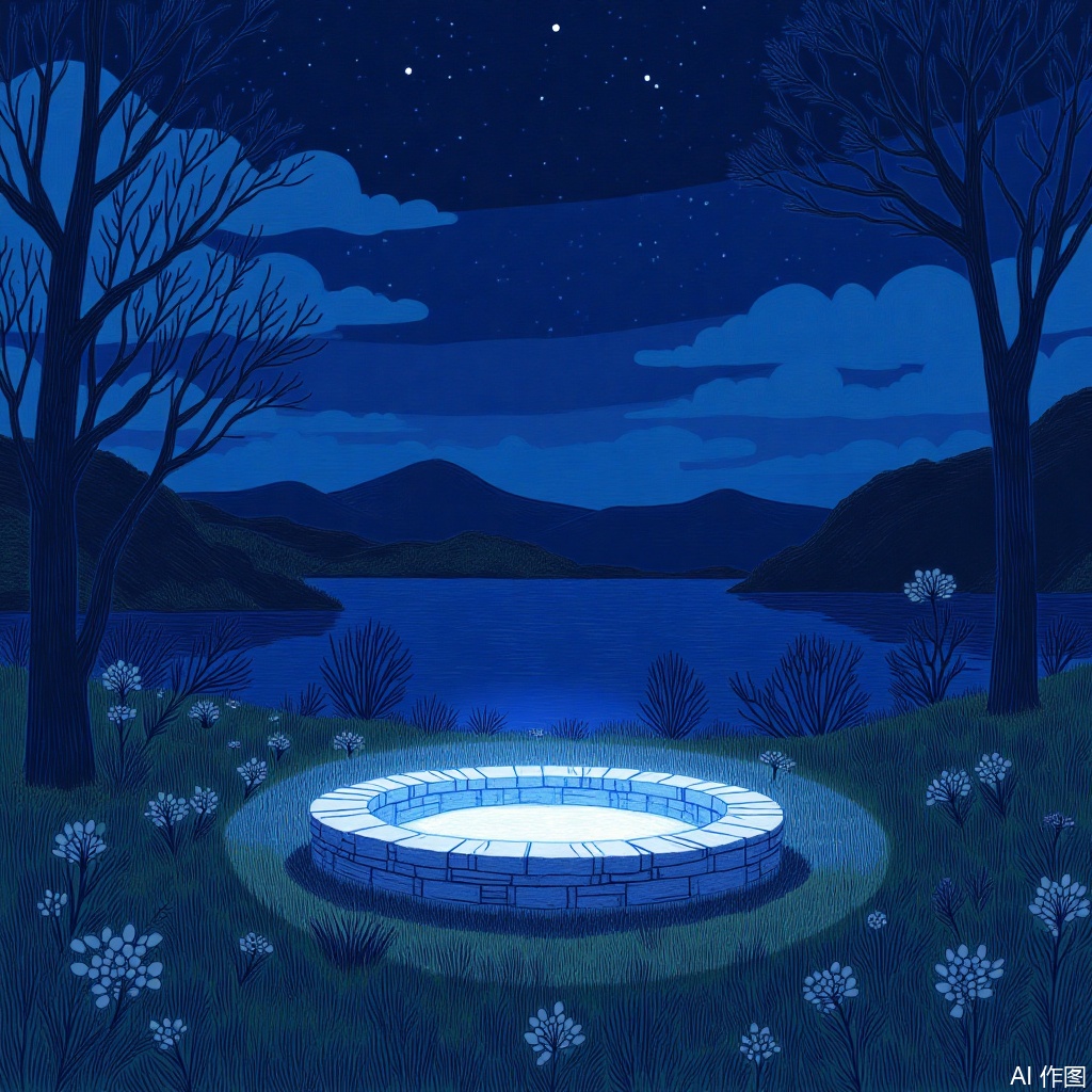The image depicts a serene nighttime scene with a circular stone structure emitting a soft blue light in the foreground. Surrounding the structure is lush green grass dotted with small white flowers. The background showcases a tranquil lake reflecting the night sky, with distant mountains silhouetted against the dark blue sky. Wispy clouds and a few stars are visible, adding to the peaceful ambiance. The overall atmosphere is calm and magical, evoking a sense of wonder and tranquility.