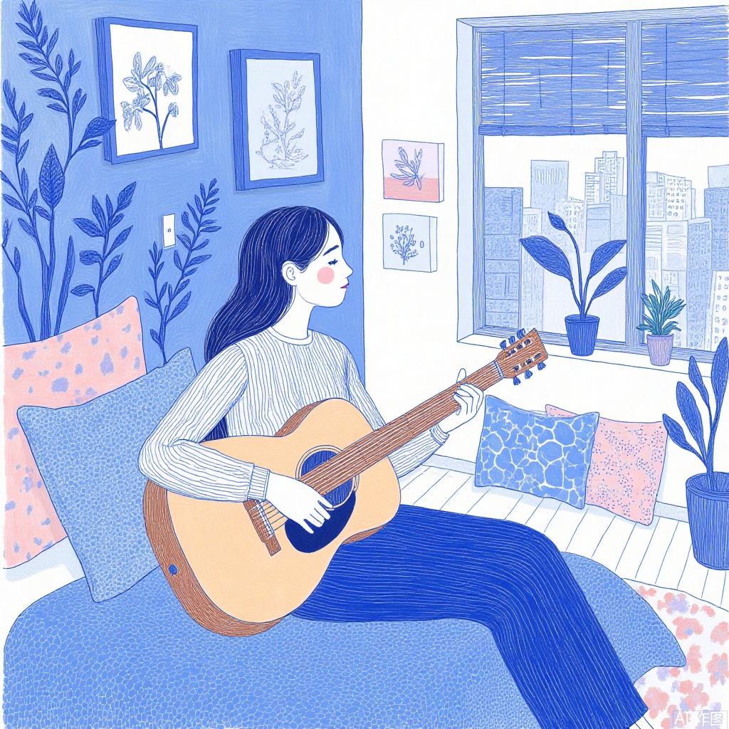  A digital illustration in a minimalist, blue-toned style depicts a woman with long dark hair playing a guitar on a bed with a blue blanket. The room features potted plants, a window with a view of a cityscape, and patterned cushions. 