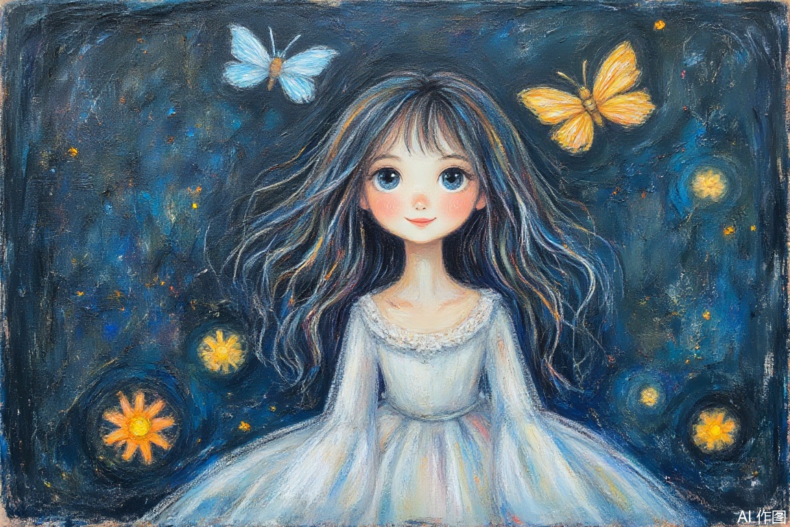Underwater portrait,((highres:1.3)),high details,hyper quality, diffusion lighting, abstract, paper cutting, original,((back light:1.3)), looking at viewer,
1girl, solo, cute, upper body, floating hair, wavy hair, low twin braids, White webbed dress,  dress with flower, Translucent long sleeves, big top sleeves, (Butterfly:1.3) ,light particles, detailed flower, detailed eyes, flower,(grin:1.3)