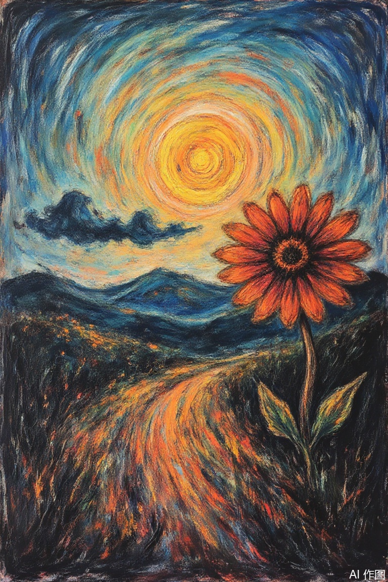 Impressionism fine art impasto on canvas by Van Gogh. Blissful sunset hues. flower, outdoors, sky, day, cloud, blue sky, no humans, traditional media, grass, red flower, scenery, mountain, sun, field, orange flower,airbrush painting. Atmospheric, moody, rustic.,Oil painting style