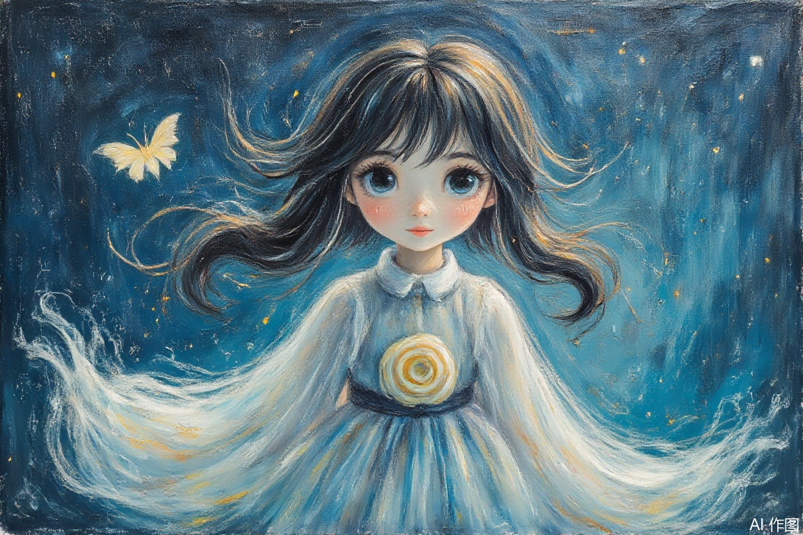 Underwater portrait,((highres:1.3)),high details,hyper quality, diffusion lighting, abstract, paper cutting, original,((back light:1.3)), looking at viewer,
1girl, solo, cute, upper body, floating hair, wavy hair, low twin braids, White webbed dress,  dress with flower, Translucent long sleeves, big top sleeves, (Butterfly:1.3) ,light particles, detailed flower, detailed eyes, flower,(grin:1.3)