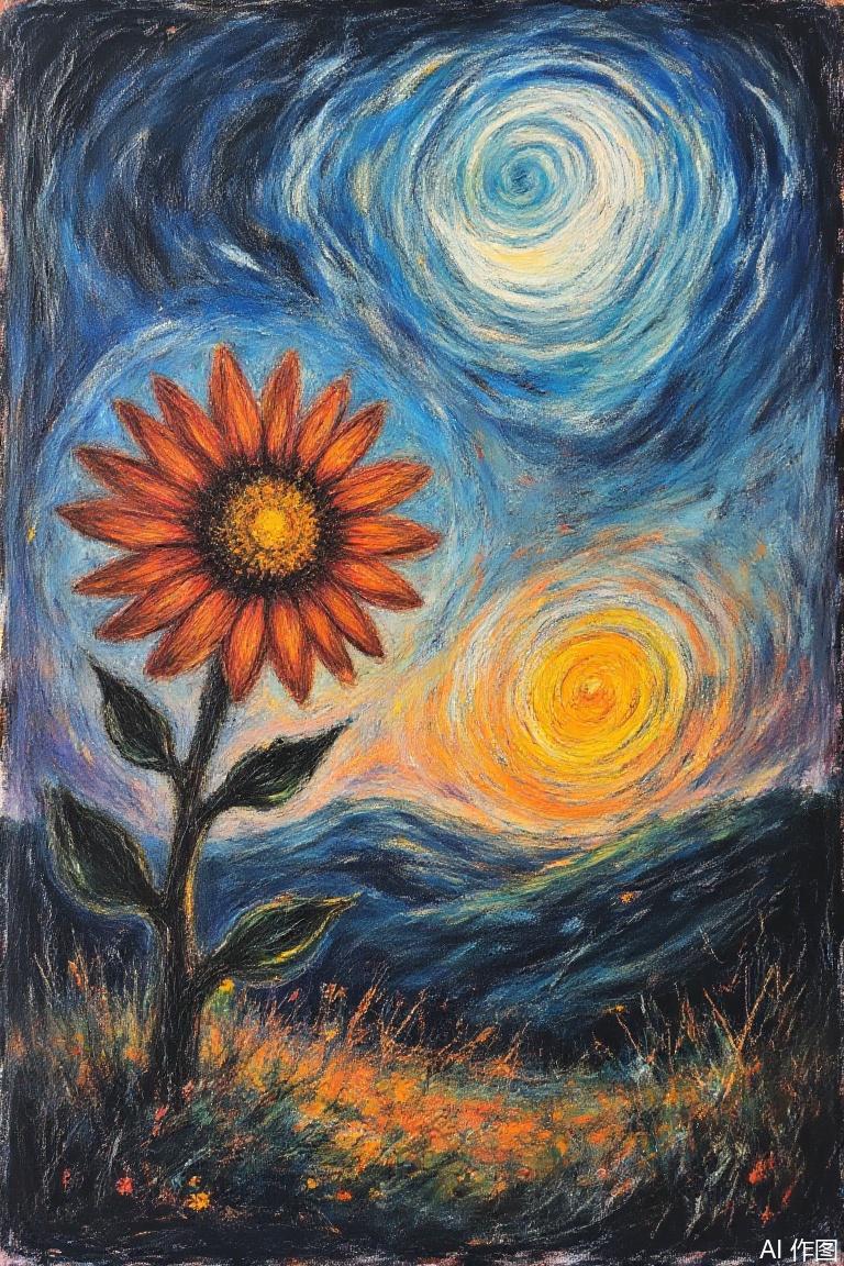 Impressionism fine art impasto on canvas by Van Gogh. Blissful sunset hues. flower, outdoors, sky, day, cloud, blue sky, no humans, traditional media, grass, red flower, scenery, mountain, sun, field, orange flower,airbrush painting. Atmospheric, moody, rustic.,Oil painting style