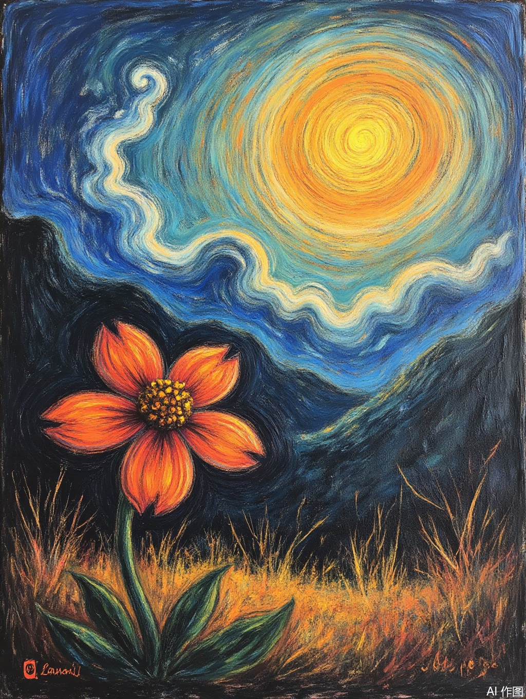 Impressionism fine art impasto on canvas by Van Gogh. Blissful sunset hues. flower, outdoors, sky, day, cloud, blue sky, no humans, traditional media, grass, red flower, scenery, mountain, sun, field, orange flower,airbrush painting. Atmospheric, moody, rustic.,Oil painting style