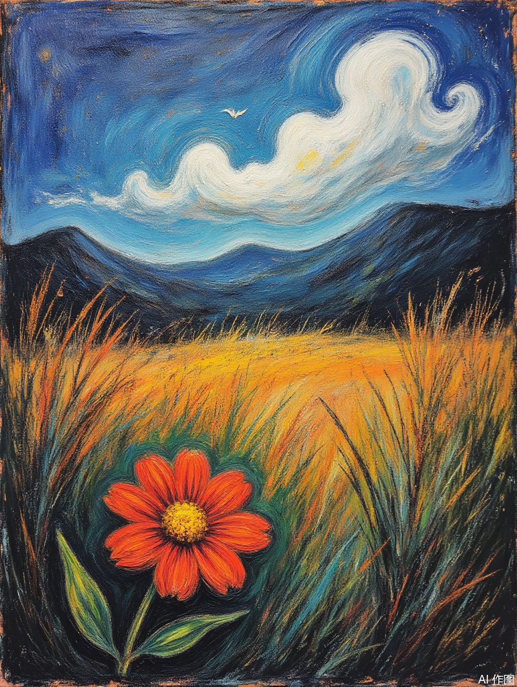 Impressionism fine art impasto on canvas by Van Gogh. Blissful sunset hues. flower, outdoors, sky, day, cloud, blue sky, no humans, traditional media, grass, red flower, scenery, mountain, sun, field, orange flower,airbrush painting. Atmospheric, moody, rustic.,Oil painting style