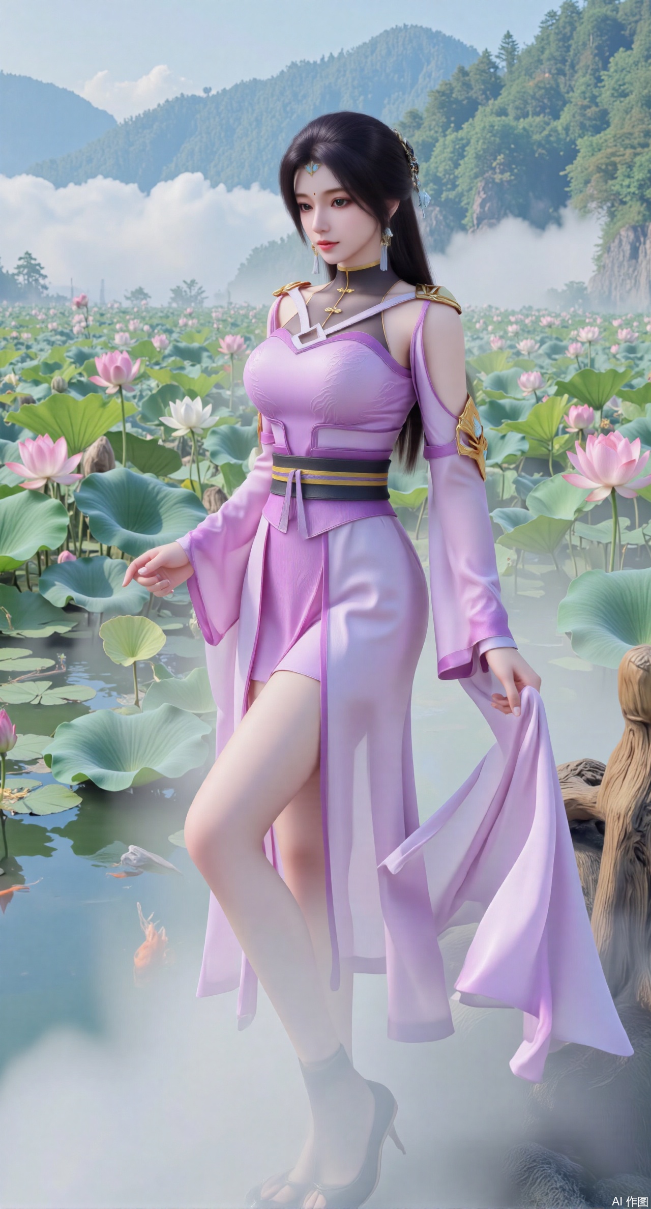  (masterpiece, best quality:1.2),A celestial maiden in Hanfu stands on a cloud, ethereal silk robes fluttering in the wind, swirling sea of clouds beneath her feet, (background reveals the emerald lotus pond of Penglai Wonderland with blooming pink-white lotuses:1.29), golden koi fish swimming in translucent water, soft morning light piercing through mist, ultra HD rendering showcases intricate embroidery on Hanfu, 8K detail captures dewdrops on lotus petals, dynamic lighting effects emphasize swirling mist movement, panoramic composition creates ethereal celestial atmosphere,(huge breasts:2.99),(full breasts:2.99),Xyuenanaodai,XzhihuaX,Xleidianjiangjun,Xxianingshuang