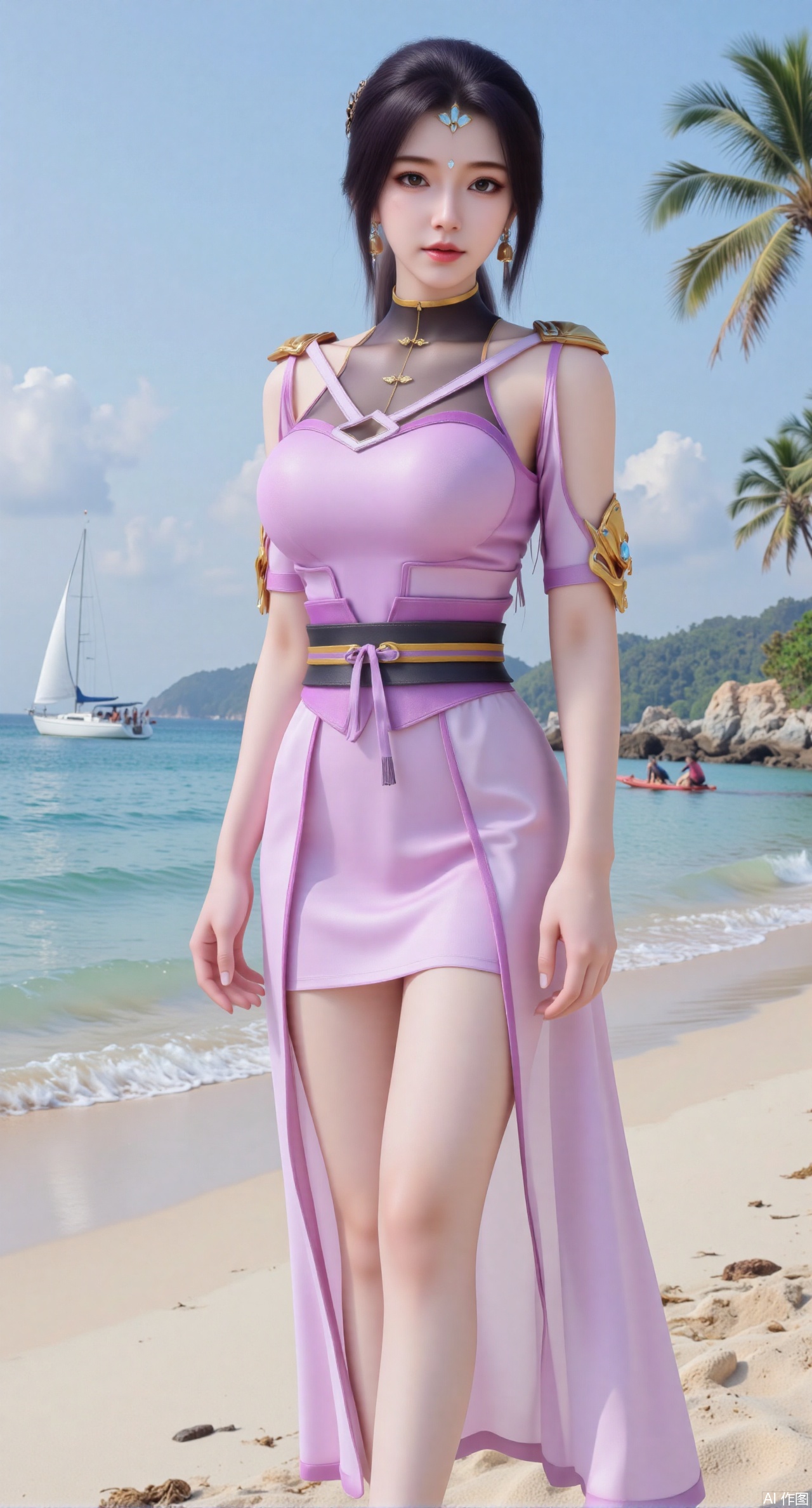 (masterpiece:1.2),best quality,absurdres,masterpiece,original,extremely detailed wallpaper,perfect lighting,1girl,solo,looking at viewer,(cowboy_shot:1.3),short hair,high heels,blurry background,depth of field,motion blur,crystal_earrings,headpiece,in summer,day,outdoors,nature,(standing,Seaside, beach, sailboat, coconut trees:1.59),(huge breasts:2.99),(full breasts:2.99),Xyuenanaodai,XzhihuaX,Xleidianjiangjun,Xxianingshuang