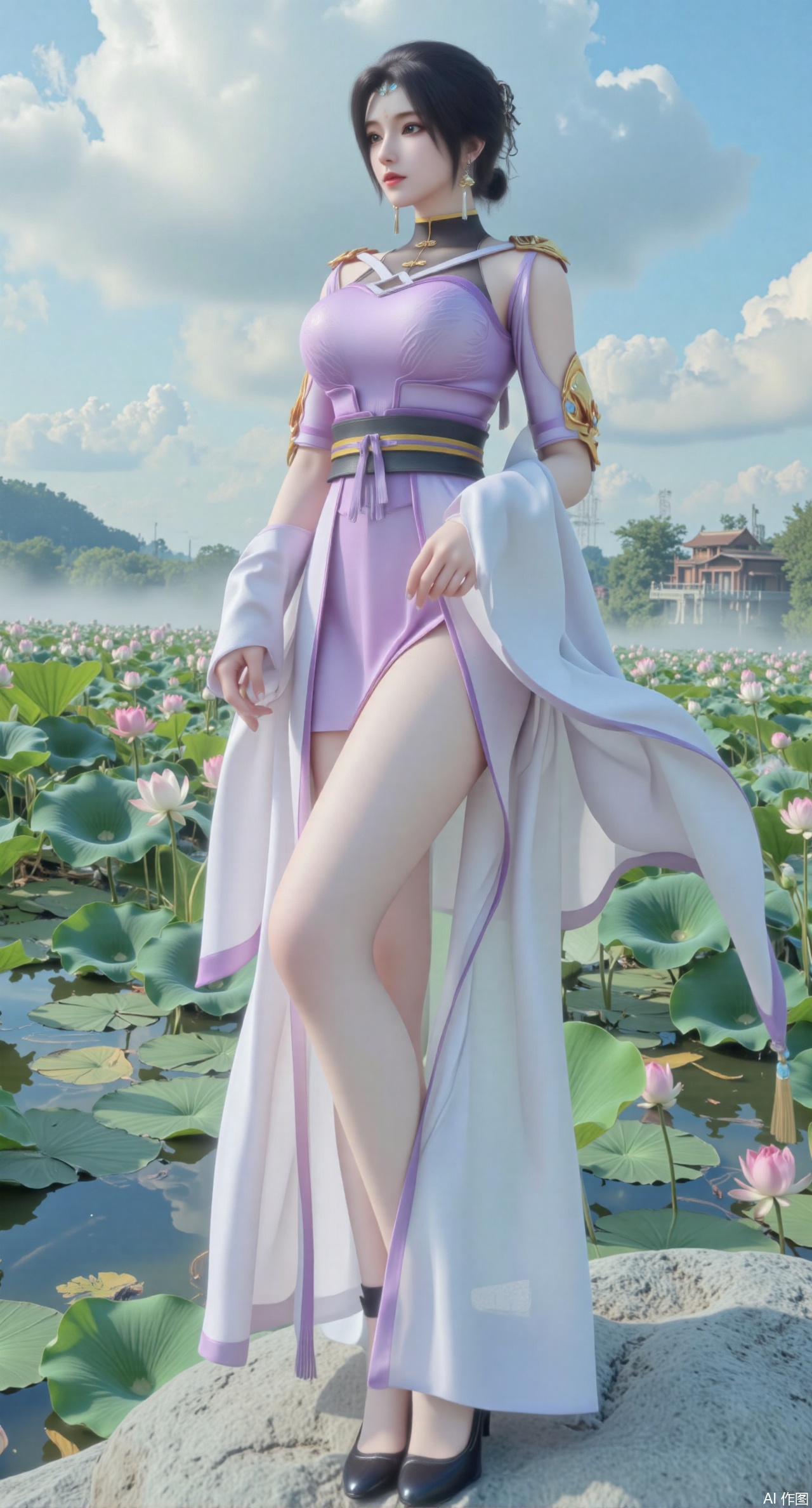  (masterpiece, best quality:1.2),A celestial maiden in Hanfu stands on a cloud, ethereal silk robes fluttering in the wind, swirling sea of clouds beneath her feet, (background reveals the emerald lotus pond of Penglai Wonderland with blooming pink-white lotuses:1.29), golden koi fish swimming in translucent water, soft morning light piercing through mist, ultra HD rendering showcases intricate embroidery on Hanfu, 8K detail captures dewdrops on lotus petals, dynamic lighting effects emphasize swirling mist movement, panoramic composition creates ethereal celestial atmosphere,(huge breasts:2.99),(full breasts:2.99),Xyuenanaodai,XzhihuaX,Xleidianjiangjun,Xxianingshuang