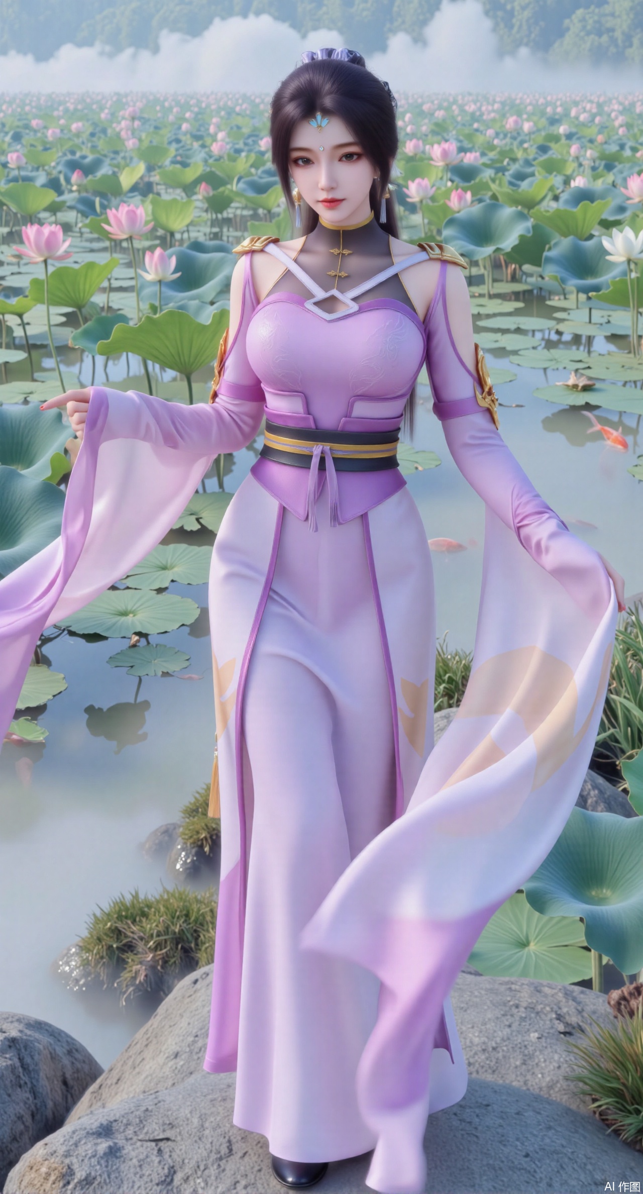  (masterpiece, best quality:1.2),A celestial maiden in Hanfu stands on a cloud, ethereal silk robes fluttering in the wind, swirling sea of clouds beneath her feet, (background reveals the emerald lotus pond of Penglai Wonderland with blooming pink-white lotuses:1.29), golden koi fish swimming in translucent water, soft morning light piercing through mist, ultra HD rendering showcases intricate embroidery on Hanfu, 8K detail captures dewdrops on lotus petals, dynamic lighting effects emphasize swirling mist movement, panoramic composition creates ethereal celestial atmosphere,(huge breasts:2.99),(full breasts:2.99),Xyuenanaodai,XzhihuaX,Xleidianjiangjun,Xxianingshuang