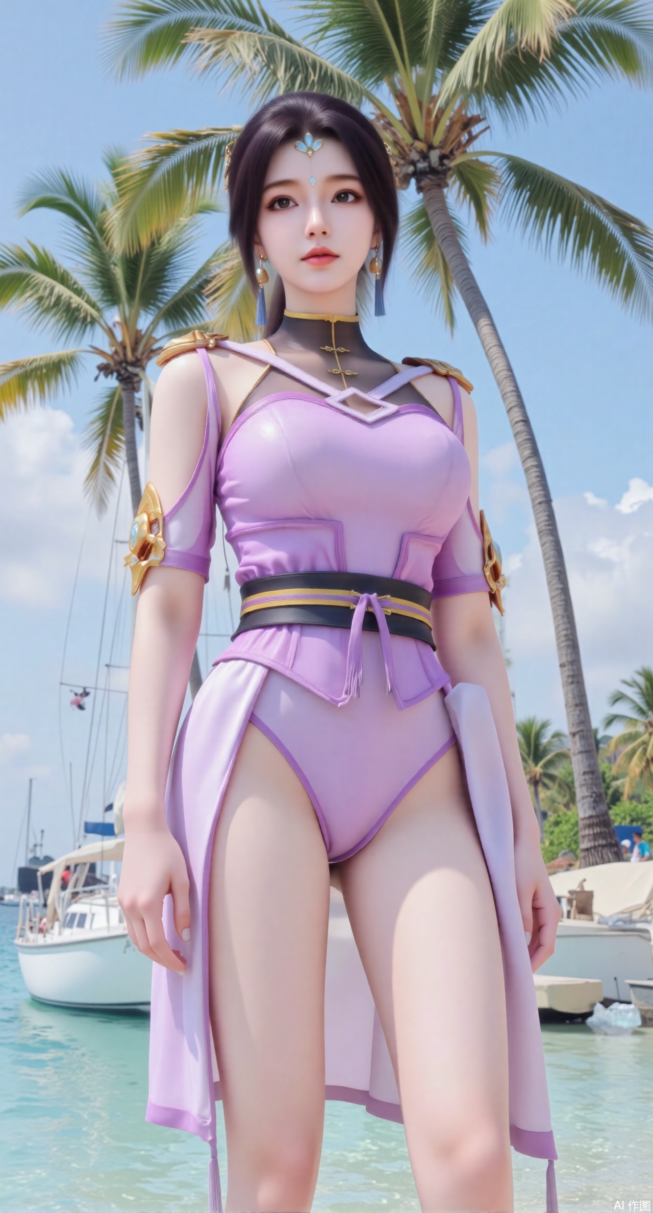 (masterpiece:1.2),best quality,absurdres,masterpiece,original,extremely detailed wallpaper,perfect lighting,1girl,solo,looking at viewer,(cowboy_shot:1.3),short hair,high heels,blurry background,depth of field,motion blur,crystal_earrings,headpiece,in summer,day,outdoors,nature,(standing,Seaside, beach, sailboat, coconut trees:1.59),(huge breasts:2.99),(full breasts:2.99),Xyuenanaodai,XzhihuaX,Xleidianjiangjun,Xxianingshuang