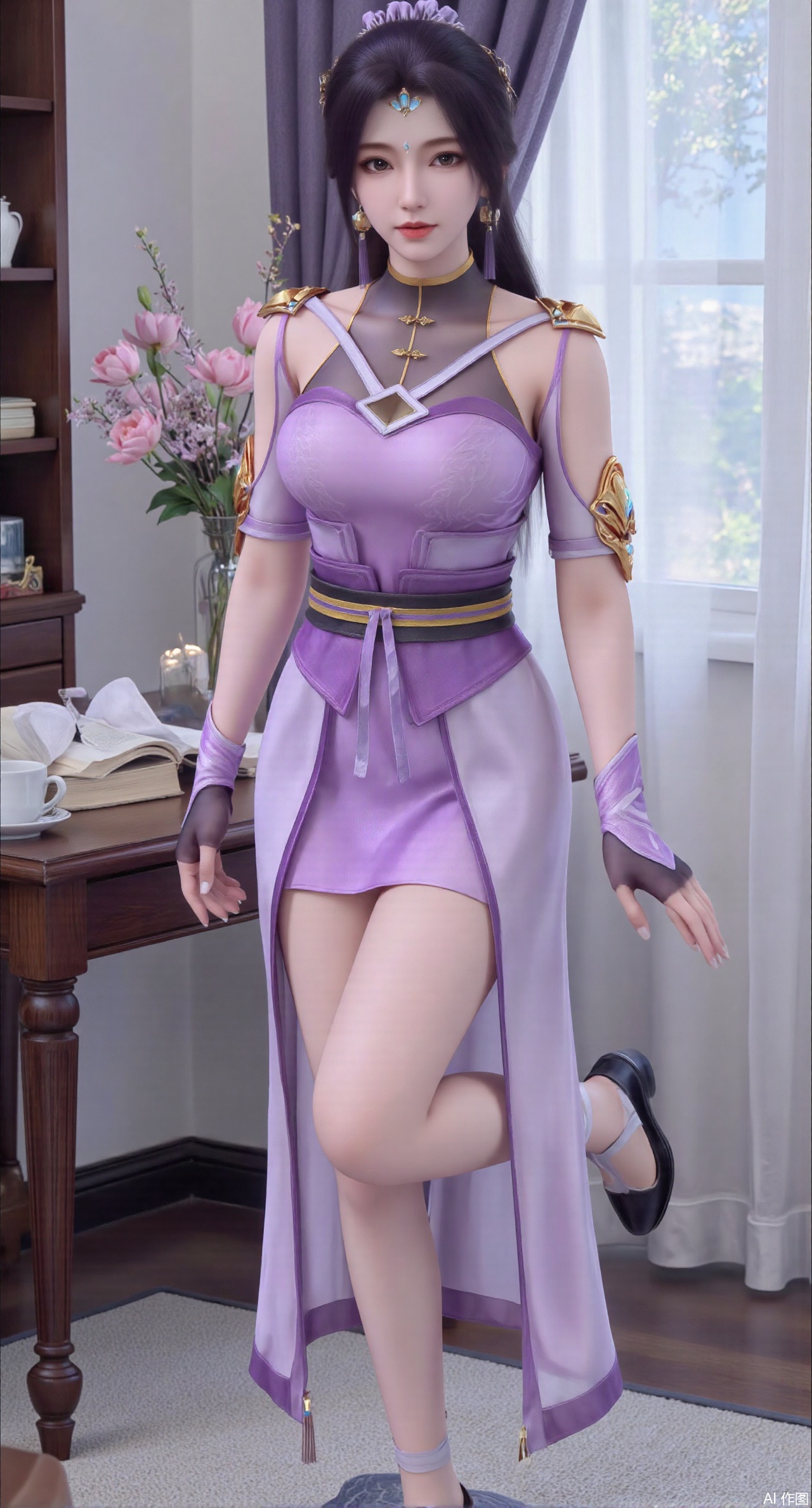  (masterpiece:1.2),best quality,Ultra clear, wallpaper, 8k, masterpiece, 1girl, solo, long hair, breasts, looking at viewer, bangs, large breasts,long dress,, bare shoulders, jewelry, black hair, standing, purple eyes, full body, flower, thighs, indoors, hair bun, long dress, high heels, cup, see-through, book, bare legs, window, table, white footwear, standing on one leg, curtains, pink flower, side slit, vase, ,(huge breasts:2.99),(full breasts:2.99),(pink lotus flowers:1.39),,Xanmiaoyi,Xyunwangshu,XlishaoyinY,Xbaixue,XanmiaoyiY,Xxiuqiuhua,XbaiyuerongY,XyunyunX,XqingnvzongZM,Xjuzi,Xshangguanweier,XanmiaoyiXY,XyunyunXY,Xjiangziyue,Xmeining,Xweinina,Xlenhuan,Xbabata,Xhuajin,Xjiangbilan,XbaihehuaiX,Xfuxinyun,Xhumeier,XhewanyuzhiyaoY,XlimuwanBF