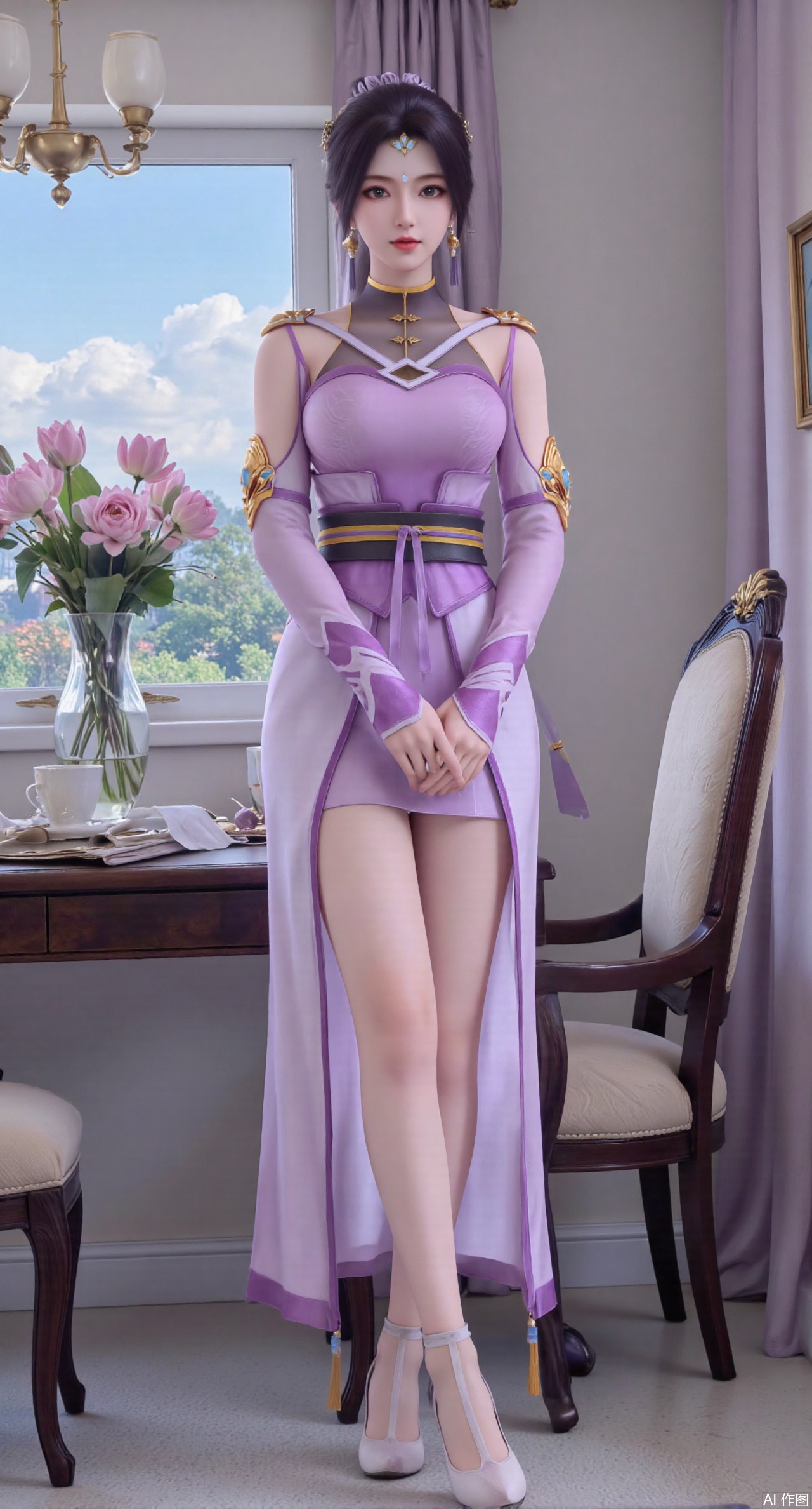  (masterpiece:1.2),best quality,Ultra clear, wallpaper, 8k, masterpiece, 1girl, solo, long hair, breasts, looking at viewer, bangs, large breasts,long dress,, bare shoulders, jewelry, black hair, standing, purple eyes, full body, flower, thighs, indoors, hair bun, long dress, high heels, cup, see-through, book, bare legs, window, table, white footwear, standing on one leg, curtains, pink flower, side slit, vase, ,(huge breasts:2.99),(full breasts:2.99),(pink lotus flowers:1.39),,Xanmiaoyi,Xyunwangshu,XlishaoyinY,Xbaixue,XanmiaoyiY,Xxiuqiuhua,XbaiyuerongY,XyunyunX,XqingnvzongZM,Xjuzi,Xshangguanweier,XanmiaoyiXY,XyunyunXY,Xjiangziyue,Xmeining,Xweinina,Xlenhuan,Xbabata,Xhuajin,Xjiangbilan,XbaihehuaiX,Xfuxinyun,Xhumeier,XhewanyuzhiyaoY,XlimuwanBF