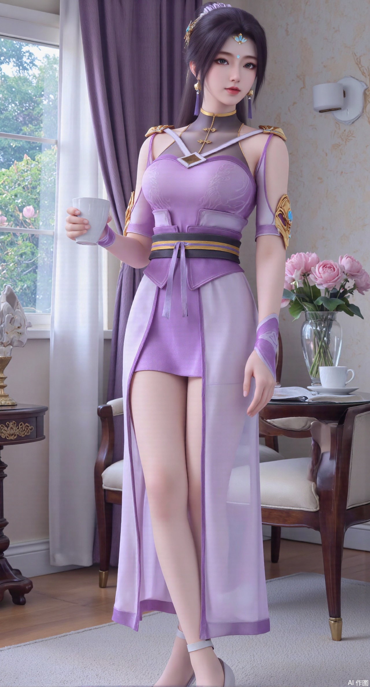  (masterpiece:1.2),best quality,Ultra clear, wallpaper, 8k, masterpiece, 1girl, solo, long hair, breasts, looking at viewer, bangs, large breasts,long dress,, bare shoulders, jewelry, black hair, standing, purple eyes, full body, flower, thighs, indoors, hair bun, long dress, high heels, cup, see-through, book, bare legs, window, table, white footwear, standing on one leg, curtains, pink flower, side slit, vase, ,(huge breasts:2.99),(full breasts:2.99),(pink lotus flowers:1.39),,Xanmiaoyi,Xyunwangshu,XlishaoyinY,Xbaixue,XanmiaoyiY,Xxiuqiuhua,XbaiyuerongY,XyunyunX,XqingnvzongZM,Xjuzi,Xshangguanweier,XanmiaoyiXY,XyunyunXY,Xjiangziyue,Xmeining,Xweinina,Xlenhuan,Xbabata,Xhuajin,Xjiangbilan,XbaihehuaiX,Xfuxinyun,Xhumeier,XhewanyuzhiyaoY,XlimuwanBF