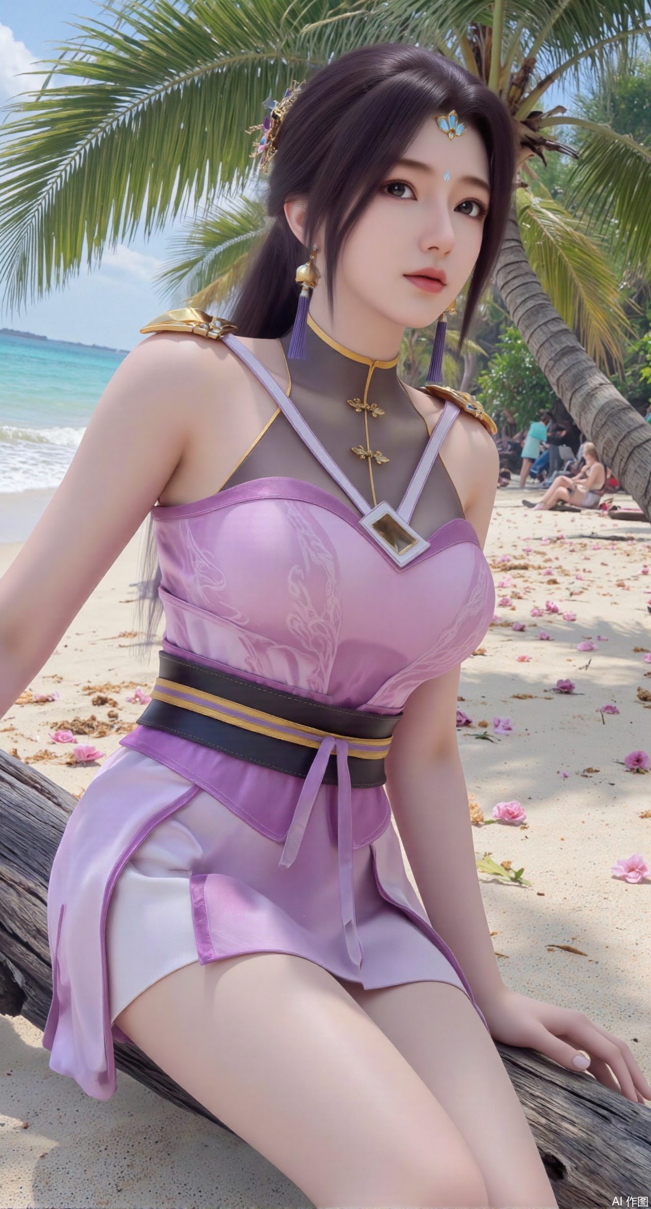 (masterpiece:1.2),best quality,absurdres,masterpiece,original,extremely detailed wallpaper,perfect lighting,Golden sandy beach covered with vibrant flowers, turquoise waves gently lapping the shore, , bright flower clusters spreading from sand to palm tree roots, soft natural light filtering through coconut leaves, ocean breeze lifting hair and qipao hem, high-resolution details showcasing petal textures and silk fabric sheen, ultra-wide angle lens capturing coastline panorama, cinematic color grading with soft focus on the central figure,(huge breasts:2.99),(full breasts:2.99),(pink rose flowers:1.59),