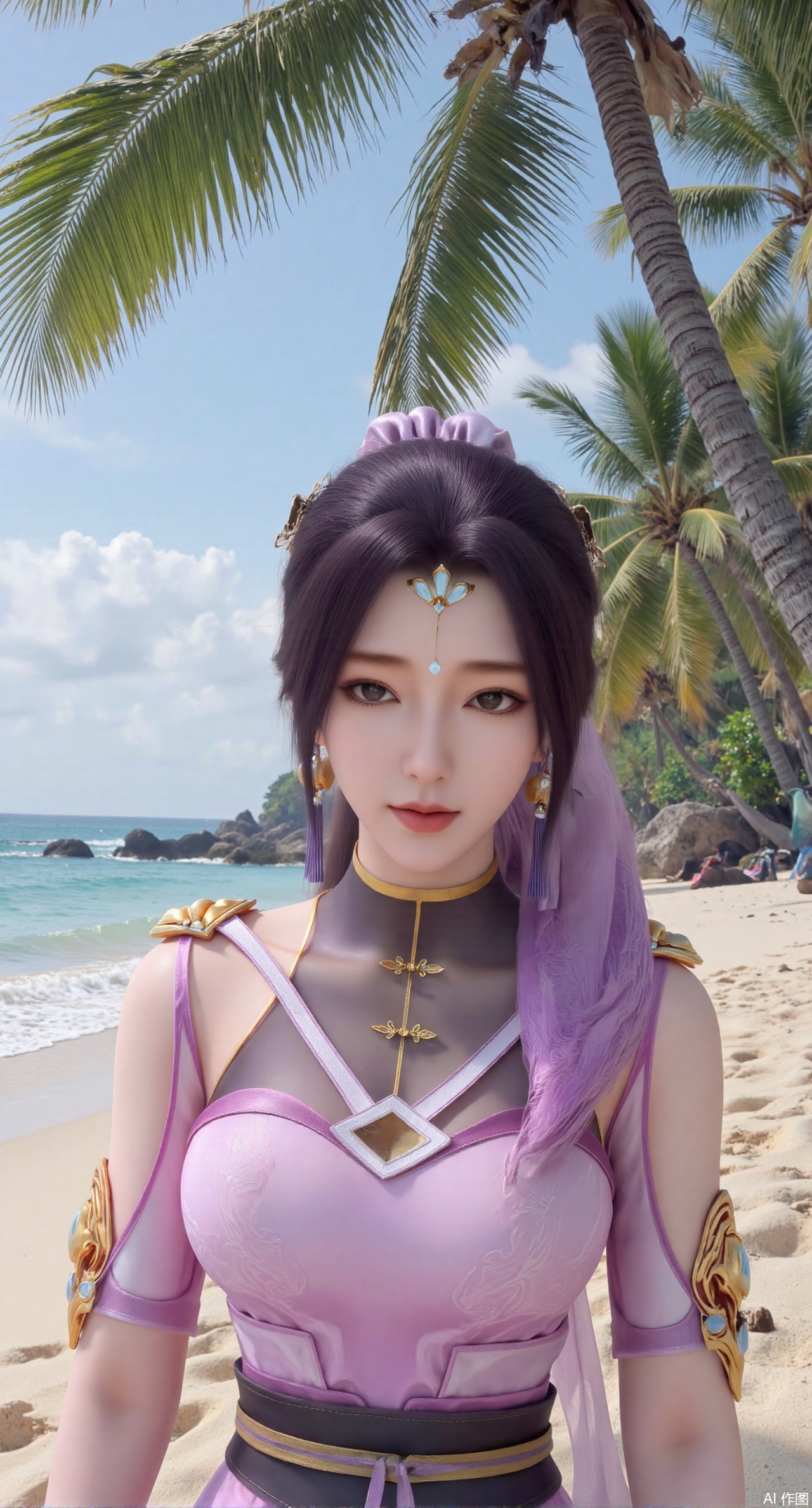 (masterpiece:1.2),best quality,absurdres,masterpiece,original,extremely detailed wallpaper,perfect lighting,Golden sandy beach covered with vibrant flowers, turquoise waves gently lapping the shore, , bright flower clusters spreading from sand to palm tree roots, soft natural light filtering through coconut leaves, ocean breeze lifting hair and qipao hem, high-resolution details showcasing petal textures and silk fabric sheen, ultra-wide angle lens capturing coastline panorama, cinematic color grading with soft focus on the central figure,(huge breasts:2.99),(full breasts:2.99),(pink rose flowers:1.59),