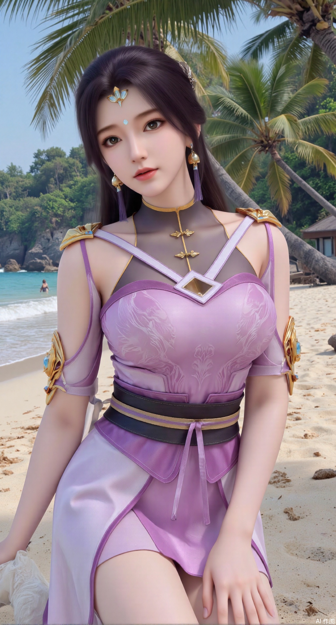 (masterpiece:1.2),best quality,absurdres,masterpiece,original,extremely detailed wallpaper,perfect lighting,Golden sandy beach covered with vibrant flowers, turquoise waves gently lapping the shore, , bright flower clusters spreading from sand to palm tree roots, soft natural light filtering through coconut leaves, ocean breeze lifting hair and qipao hem, high-resolution details showcasing petal textures and silk fabric sheen, ultra-wide angle lens capturing coastline panorama, cinematic color grading with soft focus on the central figure,(huge breasts:2.99),(full breasts:2.99),(pink rose flowers:1.59),