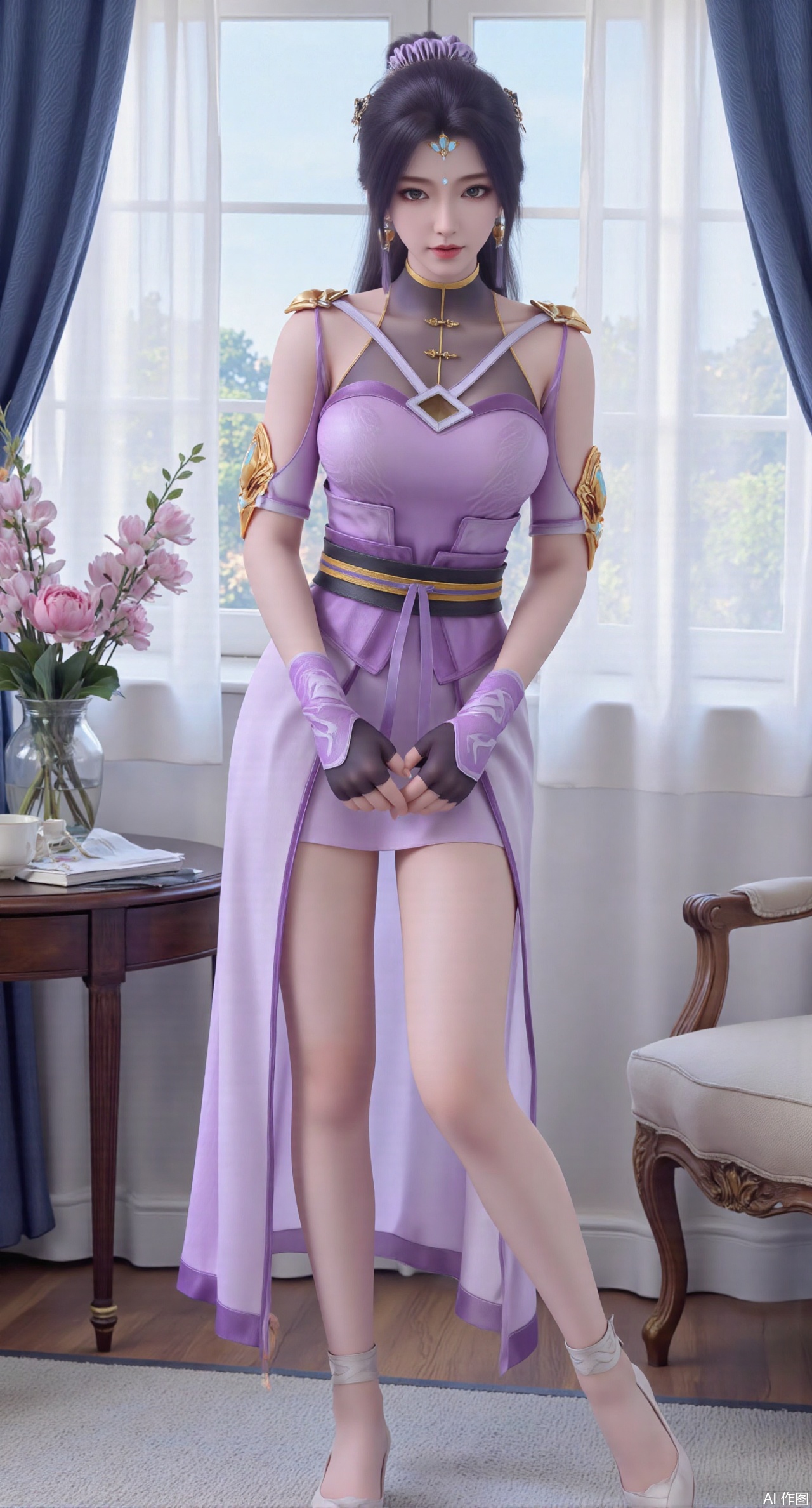  (masterpiece:1.2),best quality,Ultra clear, wallpaper, 8k, masterpiece, 1girl, solo, long hair, breasts, looking at viewer, bangs, large breasts,long dress,, bare shoulders, jewelry, black hair, standing, purple eyes, full body, flower, thighs, indoors, hair bun, long dress, high heels, cup, see-through, book, bare legs, window, table, white footwear, standing on one leg, curtains, pink flower, side slit, vase, ,(huge breasts:2.99),(full breasts:2.99),(pink lotus flowers:1.39),,Xanmiaoyi,Xyunwangshu,XlishaoyinY,Xbaixue,XanmiaoyiY,Xxiuqiuhua,XbaiyuerongY,XyunyunX,XqingnvzongZM,Xjuzi,Xshangguanweier,XanmiaoyiXY,XyunyunXY,Xjiangziyue,Xmeining,Xweinina,Xlenhuan,Xbabata,Xhuajin,Xjiangbilan,XbaihehuaiX,Xfuxinyun,Xhumeier,XhewanyuzhiyaoY,XlimuwanBF