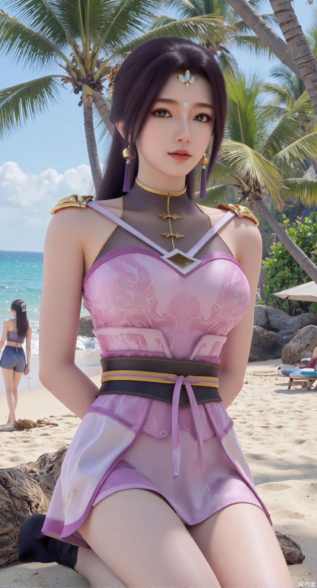 (masterpiece:1.2),best quality,absurdres,masterpiece,original,extremely detailed wallpaper,perfect lighting,Golden sandy beach covered with vibrant flowers, turquoise waves gently lapping the shore, , bright flower clusters spreading from sand to palm tree roots, soft natural light filtering through coconut leaves, ocean breeze lifting hair and qipao hem, high-resolution details showcasing petal textures and silk fabric sheen, ultra-wide angle lens capturing coastline panorama, cinematic color grading with soft focus on the central figure,(huge breasts:2.99),(full breasts:2.99),(pink rose flowers:1.59),