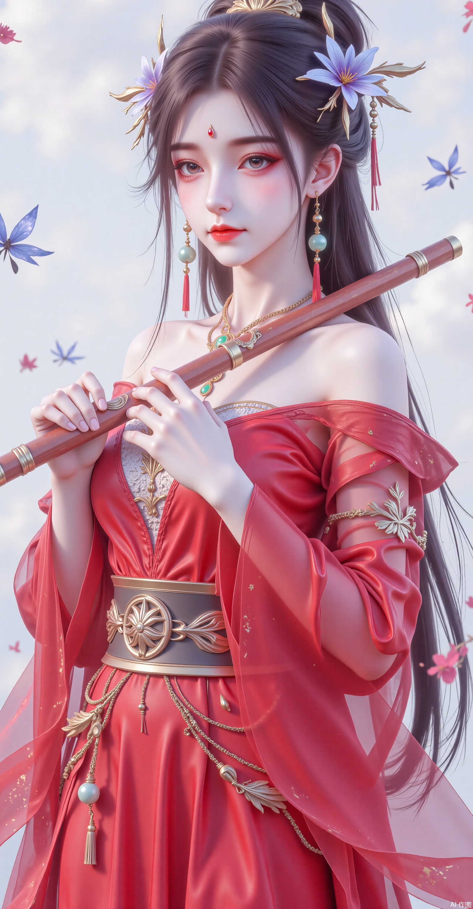 8k image, long hair, float hair, headdress, 1 girl, hair accessories, red lace dress, black hair bamboo flute, bamboo flute, flower, flower, flower, hold, red silk gauze skirt, classical, ink washing, sea of ​​flowers, butterfly, jade flute, long hair, slender hair flute, ever more