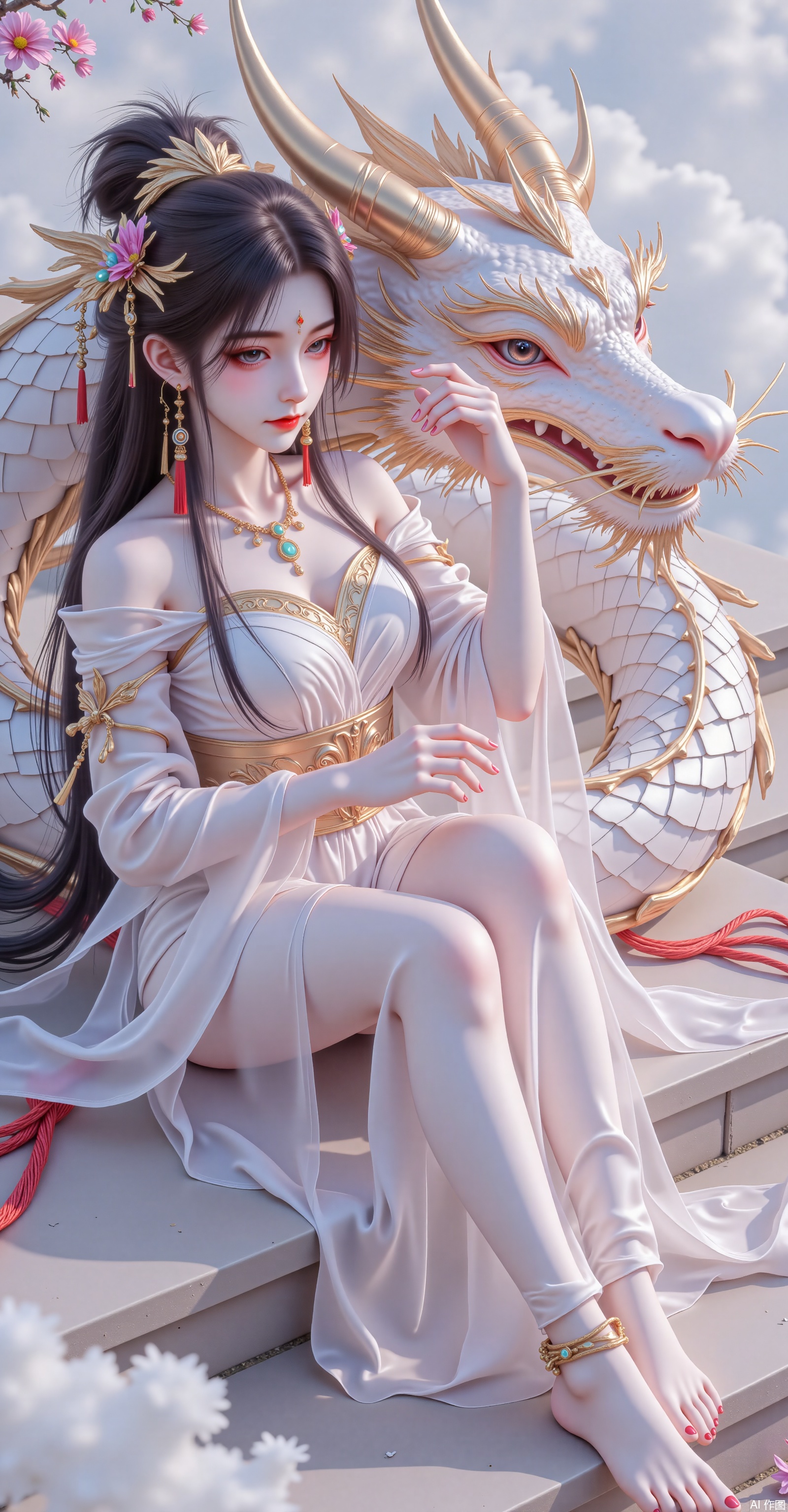 The scales are like gilded glass, the dragon's beards flutter like silk, and the dragon's pupils flow like molten gold- The dragon's body is coiled to form a natural "throne", the dragon's claws are lightly placed on the steps, and the dragon's tail extends to the outside of the picture - **Beauty**: - **Long-length close-up**: Barefoot step on the dragon scales, the legs are slender, and the ankle is tied with red rope bells - **Clothing**: High-slit fairy skirt (gold-line embroidered auspicious cloud pattern), the skirt hem is half-covered and looms-**Demon**: Lightly caress the dragon's horns with fingertips, lower your eyes and smiles, and the steps between your hair are swaying with the wind.