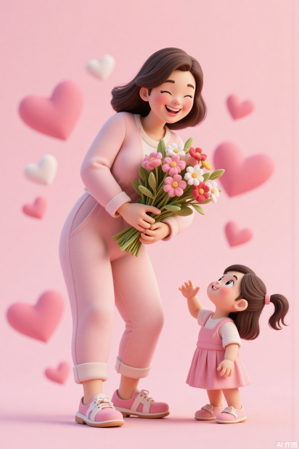 Ultra photoreal, Insane Details, 32K, The image depicts a cheerful woman holding a bouquet of colorful flowers, including pink, white, and red blossoms. She is smiling warmly, wearing a light pink outfit. Beside her, a young girl with dark hair and a similar pink outfit looks up at her, also smiling. The background is a soft pink hue with two heart shapes, enhancing the affectionate and loving atmosphere..,3D,mother and daughter