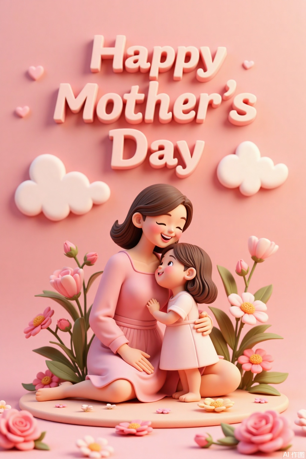Ultra photoreal, Insane Details, 32K, 3D,Mother's Day,3D,this 3D clay-style Mother's Day poster features warm and bright colors. In the center of the image,a mother and child are affectionately embracing,meticulously crafted in clay with realistic details and overflowing love. Surrounding them are clay flowers,vivid and lifelike. In the upper right corner,"Mother's Day" is presented in artistic font,as if the letters were three-dimensional carvings,adding a festive atmosphere to the image and conveying deep maternal love.,..,3D,mother and daughter