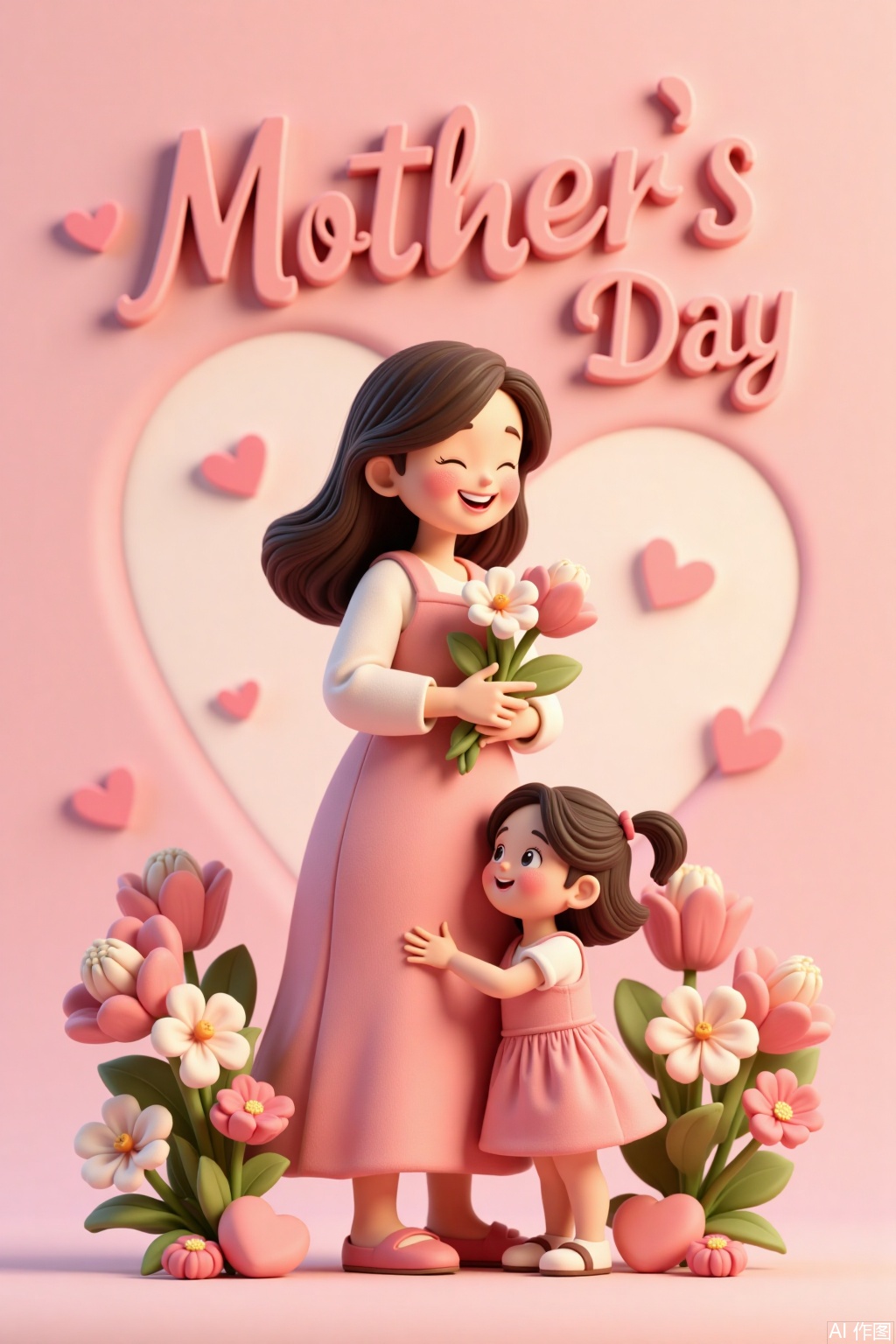 Ultra photoreal, Insane Details, 32K, 3D,Mother's Day,3D,this 3D clay-style Mother's Day poster features warm and bright colors. In the center of the image,a mother and child are affectionately embracing,meticulously crafted in clay with realistic details and overflowing love. Surrounding them are clay flowers,vivid and lifelike. In the upper right corner,"Mother's Day" is presented in artistic font,as if the letters were three-dimensional carvings,adding a festive atmosphere to the image and conveying deep maternal love.,..,3D,mother and daughter