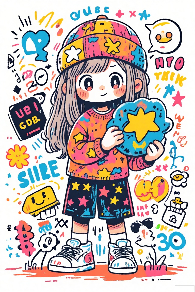 Graffiti,Cute little girl holding a huge star , with big eyes ,huge stars , glowing stars, doodle in the style of Keith Haring, sharpie illustration, MBE illustration, bold lines, in the style of grunge beauty, mixed patterns, text and emoji installations