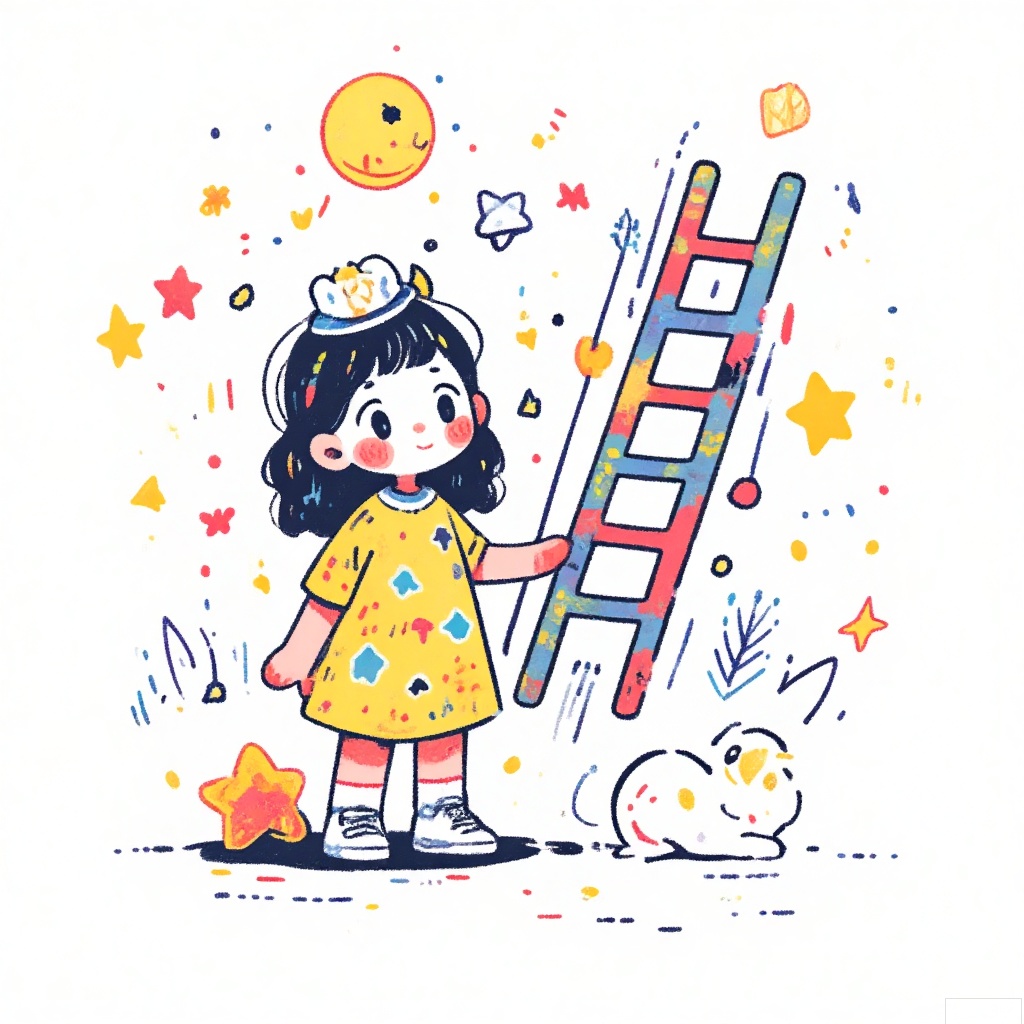  simple drawing, 1girl, solo, colorful, Picasso, Van Gogh, (abstract:0.6), stars, ladder, moon,curved white background,