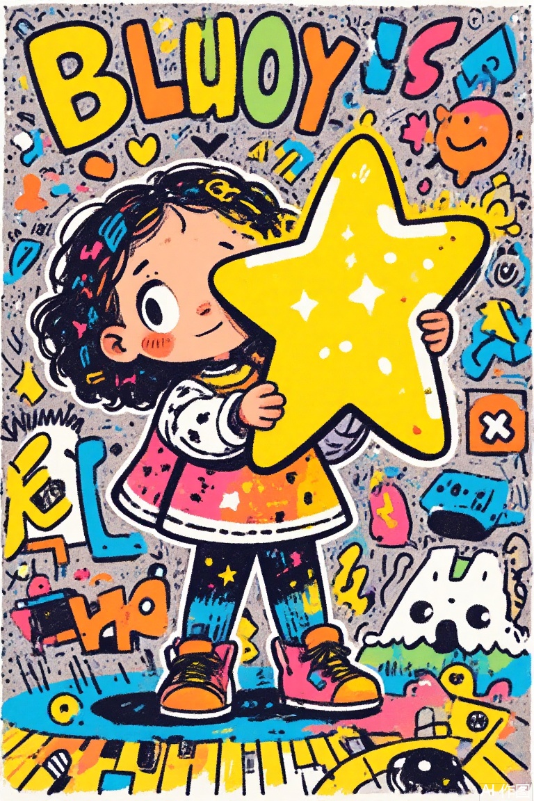 Graffiti,Cute little girl holding a huge star , with big eyes ,huge stars , glowing stars, doodle in the style of Keith Haring, sharpie illustration, MBE illustration, bold lines, in the style of grunge beauty, mixed patterns, text and emoji installations