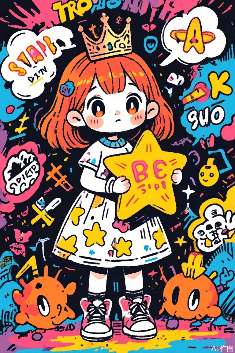 Graffiti,Cute little girl holding a huge star , with big eyes ,huge stars , glowing stars, doodle in the style of Keith Haring, sharpie illustration, MBE illustration, bold lines, in the style of grunge beauty, mixed patterns, text and emoji installations