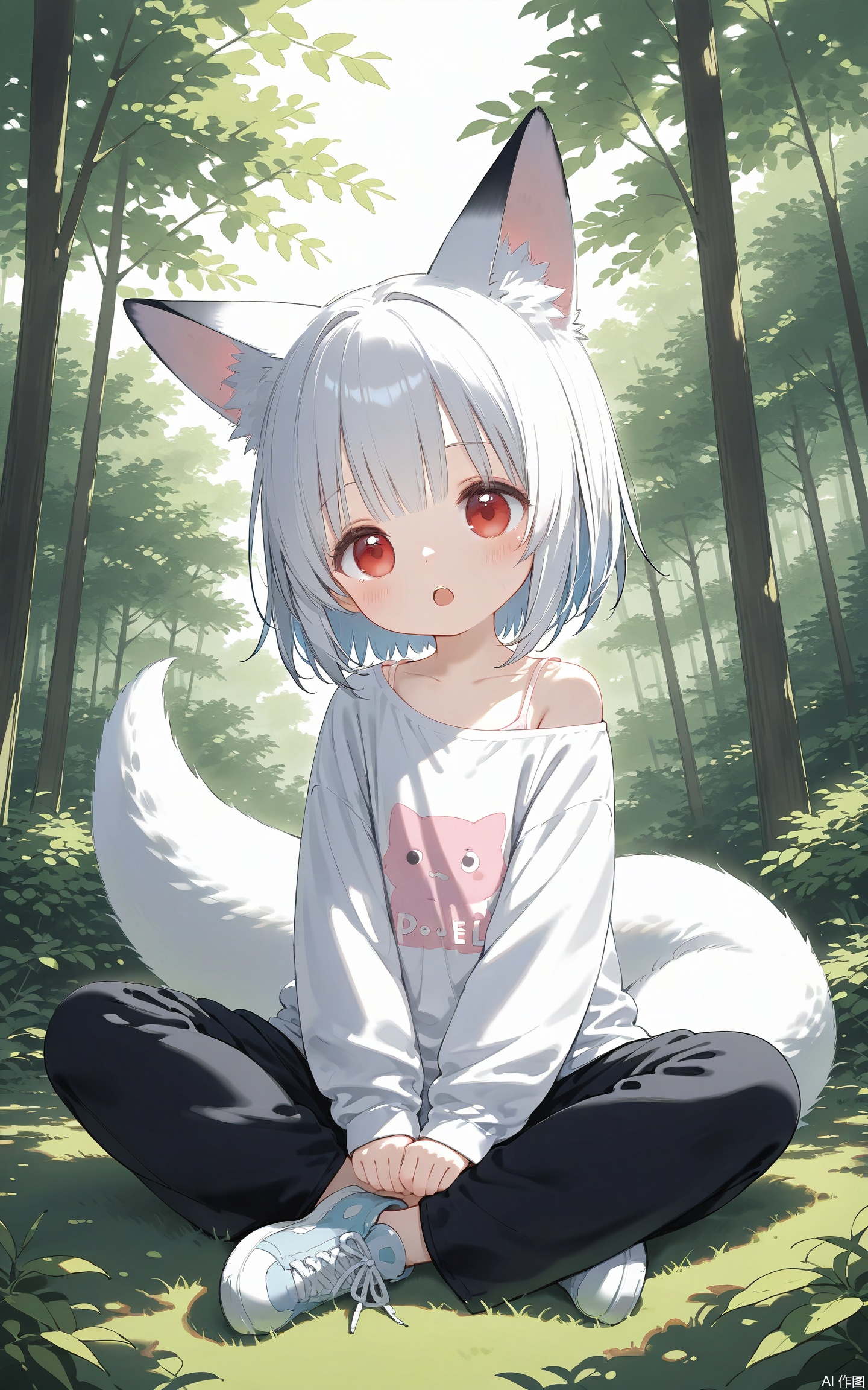 aged down,loli,loli,loli,female child,little girl,petite,1girl, solo, fox girl,fox ears,fox tail,red eyes,sitting on ground,outdoors,forest,tree,grass,long sleeves,bare shoulders,t-shirt,long pants,(Tyndall Effect 1.4), (wlop:0.6),((artist:reoen),Majo no Tabitabi,[artist:wlop],[artist:ningen_mame],artist:ciloranko,[[artist:rhasta]],artist:tidsean,colorful,best quality,very aesthetic,absurdres,32K UHD,sharp focus,best-quality,Emotionalization,temperate atmosphere,with a high-end texture,in the style of fashion photography,Dynamic, dynamic force picture, (Visual impact:1.2),impactful picture,offcial art,