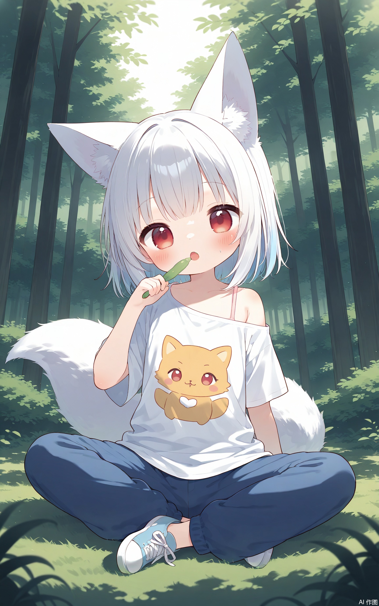 aged down,loli,loli,loli,female child,little girl,petite,1girl, solo, fox girl,fox ears,fox tail,red eyes,sitting on ground,outdoors,forest,tree,grass,long sleeves,bare shoulders,t-shirt,long pants,colorful,best quality,very aesthetic,absurdres,32K UHD,sharp focus,best-quality,Emotionalization,temperate atmosphere,with a high-end texture,in the style of fashion photography,Dynamic, dynamic force picture, (Visual impact:1.2),impactful picture,offcial art,