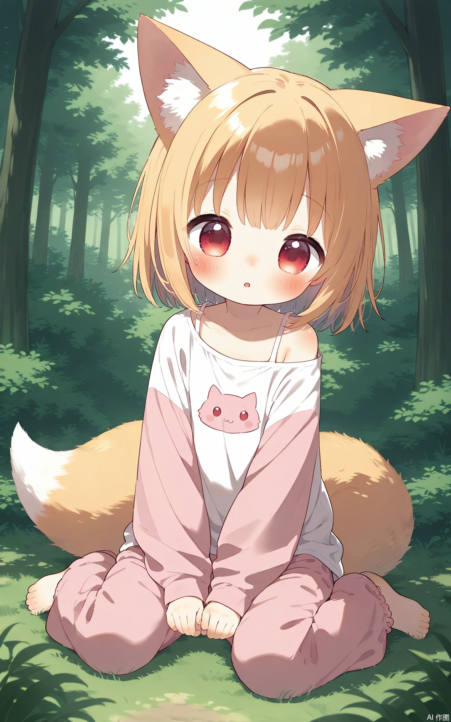 aged down,loli,loli,loli,female child,little girl,petite,1girl, solo, fox girl,fox ears,fox tail,red eyes,sitting on ground,outdoors,forest,tree,grass,long sleeves,bare shoulders,t-shirt,long pants,