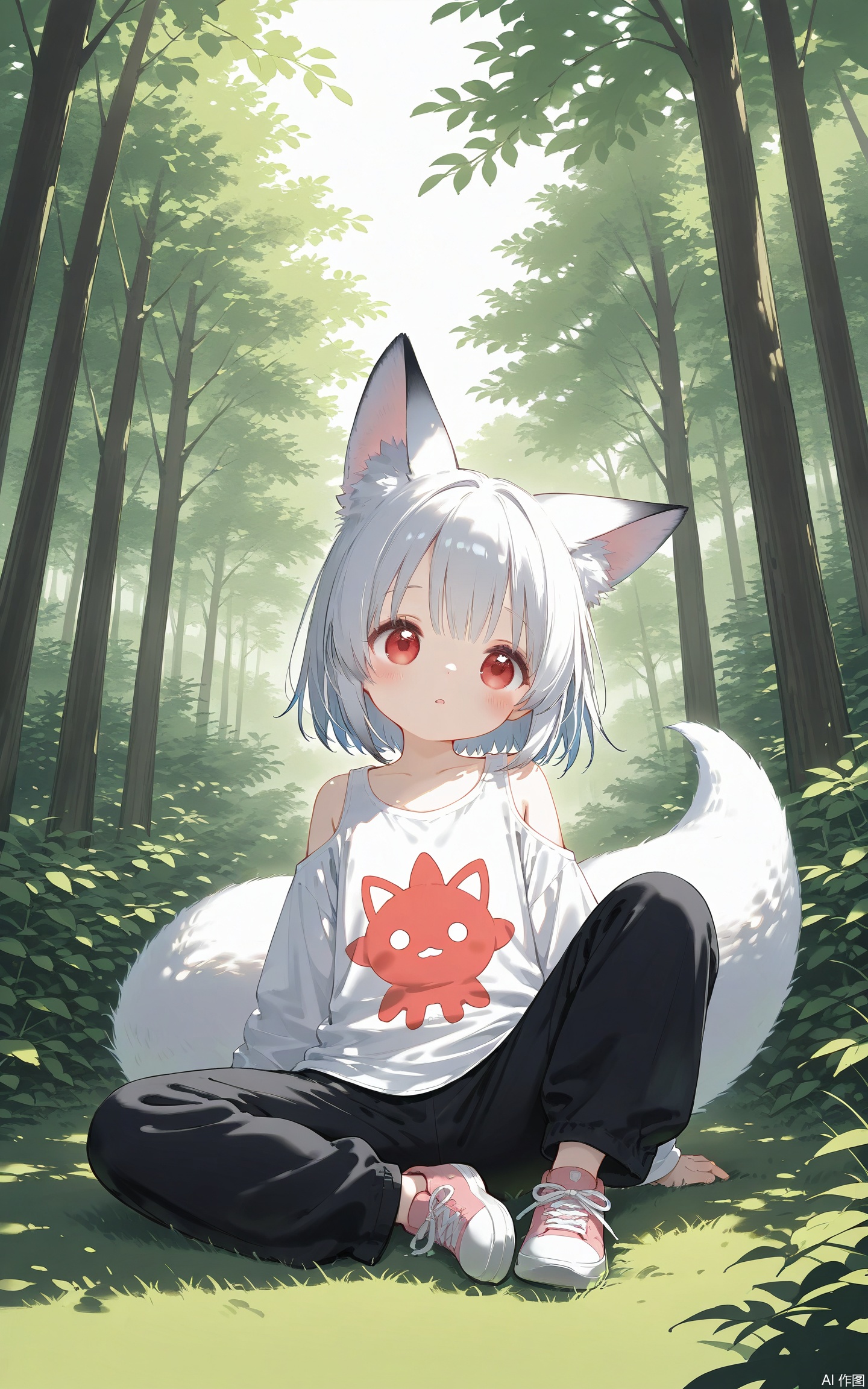 aged down,loli,loli,loli,female child,little girl,petite,1girl, solo, fox girl,fox ears,fox tail,red eyes,sitting on ground,outdoors,forest,tree,grass,long sleeves,bare shoulders,t-shirt,long pants,(Tyndall Effect 1.4), (wlop:0.6),((artist:reoen),Majo no Tabitabi,[artist:wlop],[artist:ningen_mame],artist:ciloranko,[[artist:rhasta]],artist:tidsean,colorful,best quality,very aesthetic,absurdres,32K UHD,sharp focus,best-quality,Emotionalization,temperate atmosphere,with a high-end texture,in the style of fashion photography,Dynamic, dynamic force picture, (Visual impact:1.2),impactful picture,offcial art,