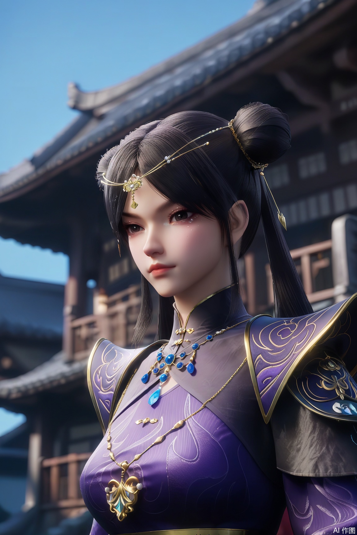 score_9, score_8_up, score_7_up,
1girl, solo, long hair, looking at viewer, black hair, hair ornament, long sleeves, dress, twintails, jewelry, closed mouth, upper body, outdoors, sky, necklace, hair bun,blurry, black eyes, blue sky, double bun, blurry background, chinese clothes, purple dress, lantern, architecture, east asian architecture 