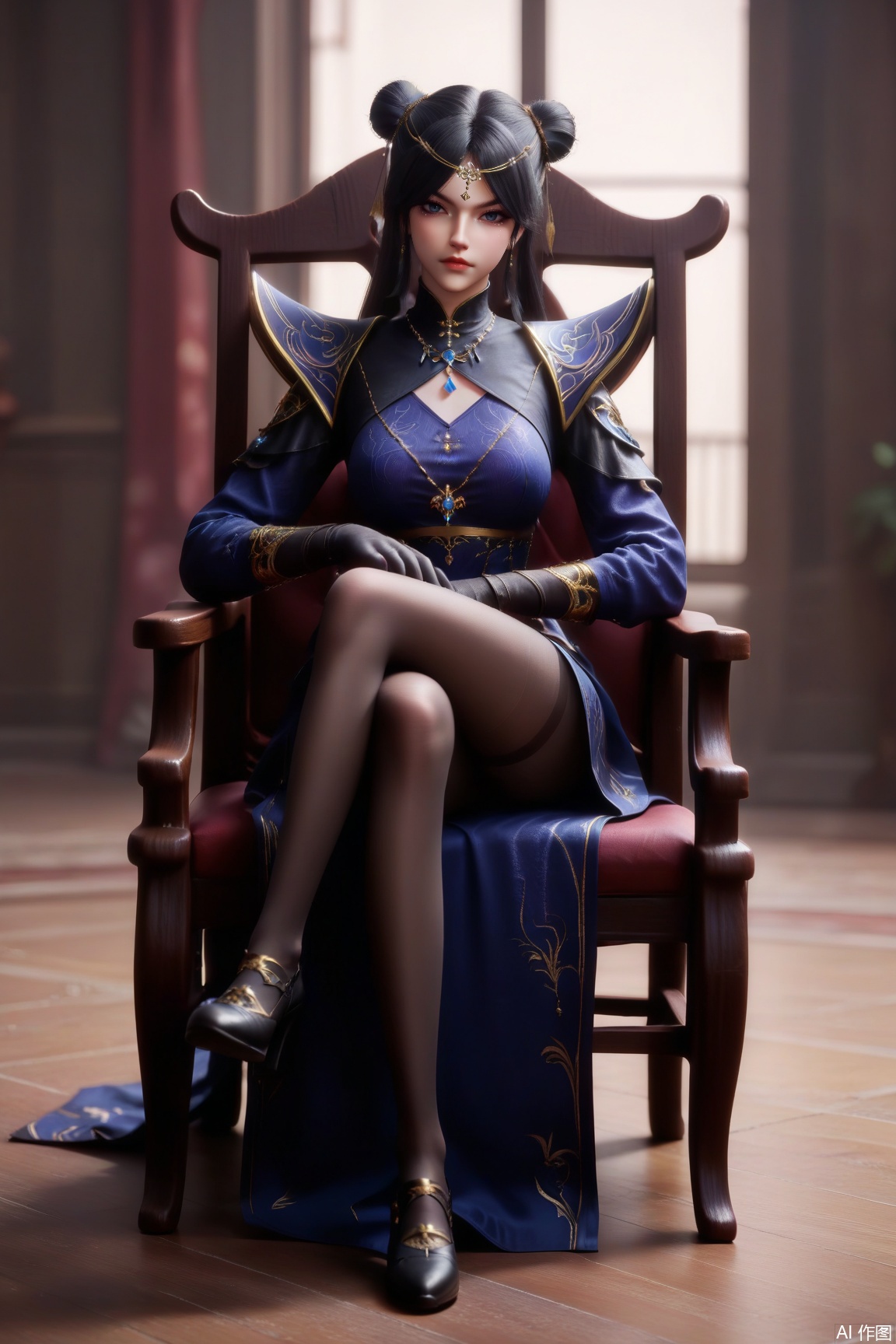 score_9, score_8_up, score_7_up,
1girl, solo, long hair, breasts, looking at viewer, black hair, gloves, long sleeves, dress, jewelry, sitting, closed mouth, pantyhose, earrings, black gloves, indoors, necklace, hair bun, black footwear, lips, black pantyhose, double bun, blue dress, chair, crossed legs, circlet, realistic,