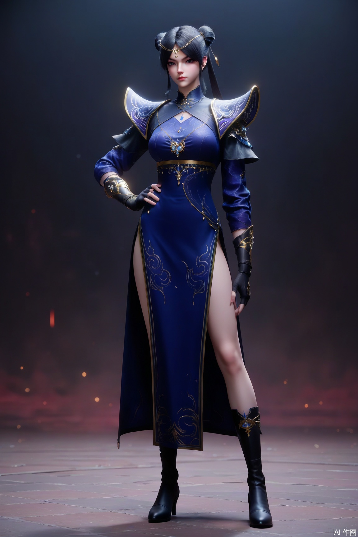 score_9, score_8_up, score_7_up,
1girl, solo, long hair, breasts, looking at viewer, black hair, gloves, long sleeves, dress, jewelry, closed mouth, standing, full body, boots, black gloves, fingerless gloves, hair bun, black footwear, armor, high heels, hand on hip, double bun, blue dress,