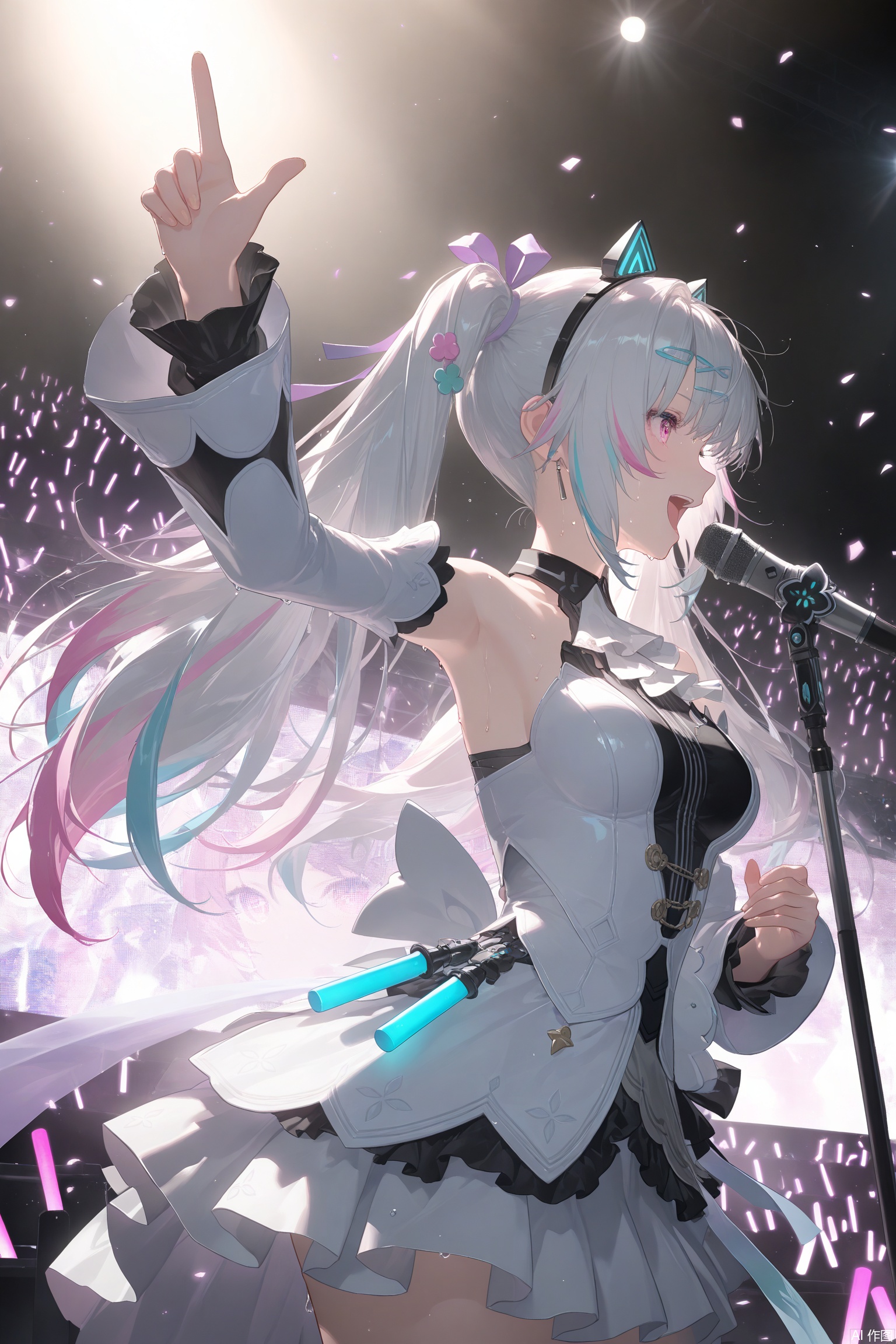 masterpiece,bestquality,4k,3d,animescreencap,{{masterpiece}},illustration,best quality,extremely detailed cg unity 8k wallpaper,original,high resolution,{{{{{extremely delicate and beautiful girl}}}}},karenina/(PGR),1girl, solo, long hair, breasts,bangs, skirt, hair ornament, long sleeves, dress, bare shoulders, twintails, white hair, multicolored hair, frills, detached sleeves, sleeveless, pink eyes,profile, microphone, music, holding microphone, singing, microphone stand, stage, glowstick, concert,Splashing beads of sweat,arm up,Rapturous expression,Point one finger to the sky,happy,open mouth
