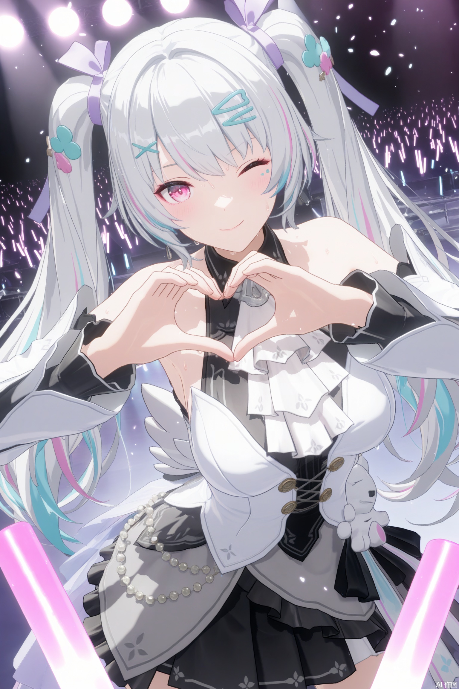 masterpiece,bestquality,4k,3d,animescreencap,{{masterpiece}},illustration,best quality,extremely detailed cg unity 8k wallpaper,original,high resolution,{{{{{extremely delicate and beautiful girl}}}}},karenina/(PGR),1girl, solo, long hair, breasts,bangs, skirt, hair ornament, long sleeves, dress, bare shoulders, twintails, white hair, multicolored hair, frills, detached sleeves, sleeveless, pink eyes,microphone, music,stage, glowstick, concert,Splashing beads of sweat,;),wink,on eye closed,hand heart,facing viewer,front view,