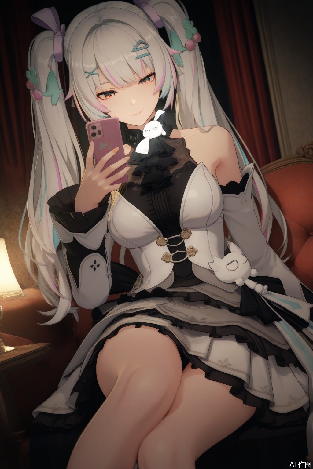 masterpiece,bestquality,4k,3d,animescreencap,{{masterpiece}},illustration,best quality,extremely detailed cg unity 8k wallpaper,original,high resolution,{{{{{extremely delicate and beautiful girl}}}}},karenina/(PGR),1girl, solo, long hair, breasts,bangs, skirt, hair ornament, long sleeves, dress, bare shoulders, twintails, white hair, multicolored hair, frills, detached sleeves, sleeveless,back stage,relaxing,curtain,phone,Looking at the phone,holding phone,front view,smile,