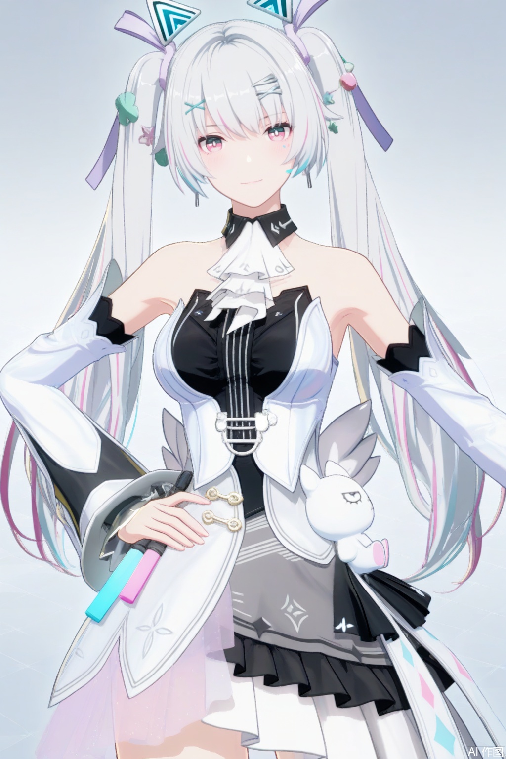 masterpiece,bestquality,4k,3d,animescreencap,{{masterpiece}},illustration,best quality,extremely detailed cg unity 8k wallpaper,original,high resolution,{{{{{extremely delicate and beautiful girl}}}}},karenina/(PGR),1girl, solo, long hair, breasts,bangs, skirt, hair ornament, long sleeves, dress, bare shoulders, twintails, white hair, multicolored hair, frills, detached sleeves, sleeveless, pink eyes,