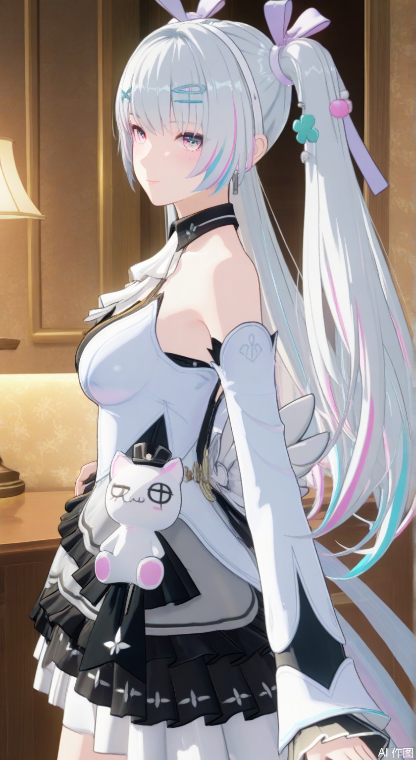 masterpiece,bestquality,4k,3d,animescreencap,{{masterpiece}},illustration,best quality,extremely detailed cg unity 8k wallpaper,original,high resolution,{{{{{extremely delicate and beautiful girl}}}}},karenina/(PGR),1girl, solo, long hair, breasts,bangs, skirt, hair ornament, long sleeves, dress, bare shoulders, twintails, white hair, multicolored hair, frills, detached sleeves, sleeveless, pink eyes,from side