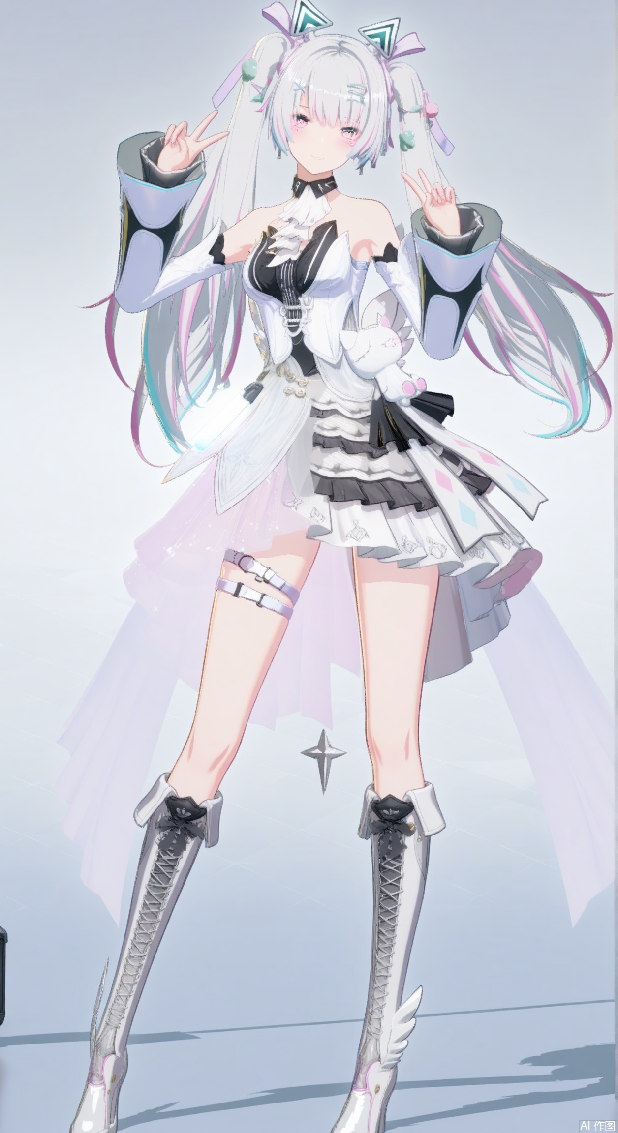 1girl, solo, long hair, breasts, looking at viewer, smile, bangs, skirt, hair ornament, long sleeves, dress, bare shoulders, twintails, standing, full body, white hair, multicolored hair, boots, frills, detached sleeves, sleeveless, pink eyes, white dress, see-through, thigh strap, white footwear, white skirt, knee boots,karenina/(PGR)