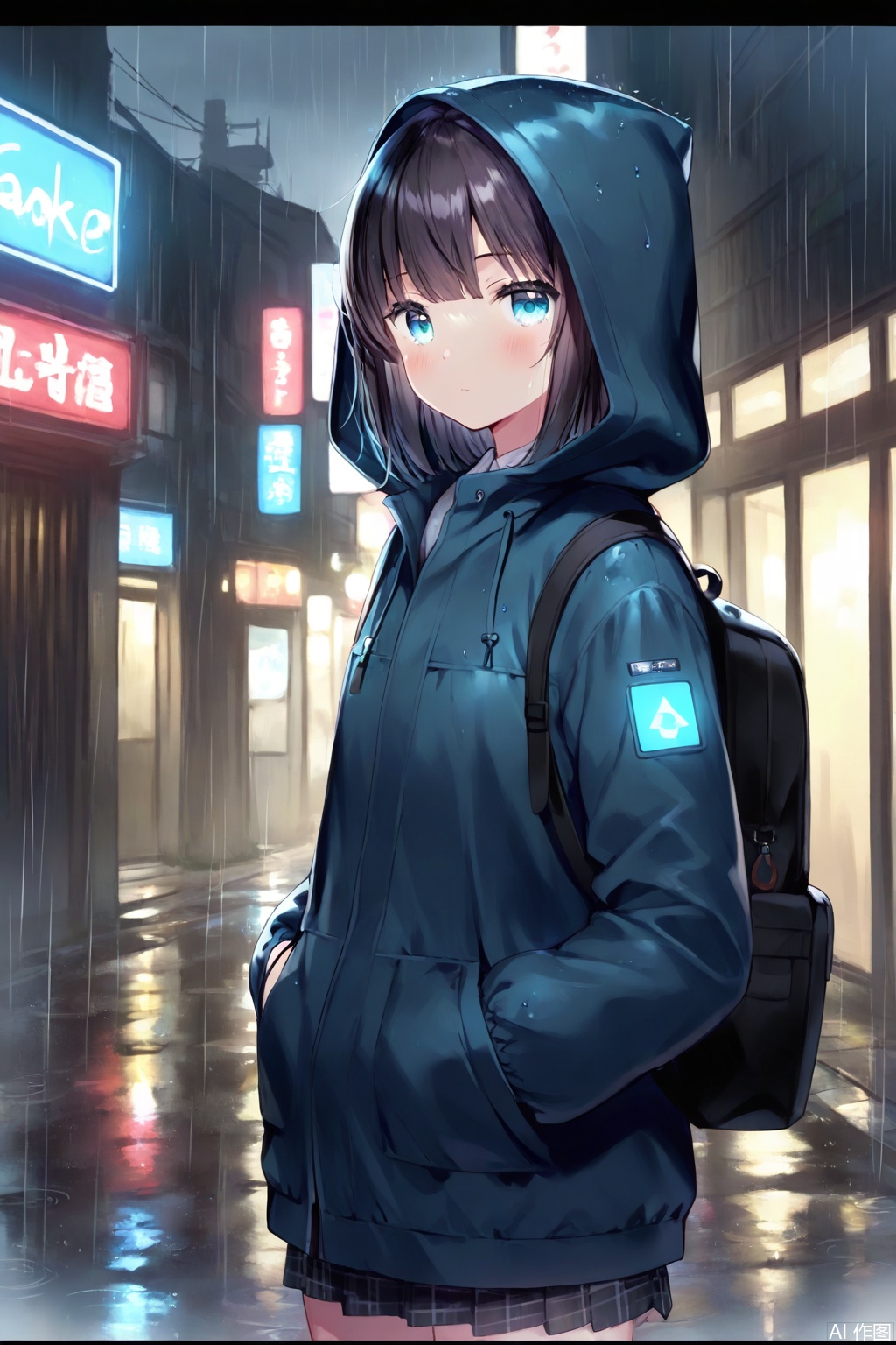 1girl, solo, looking at viewer, black hair, jacket, outdoors, hood, bag, glowing, backpack, letterboxed, hooded jacket, hood up, rain, hands in pockets