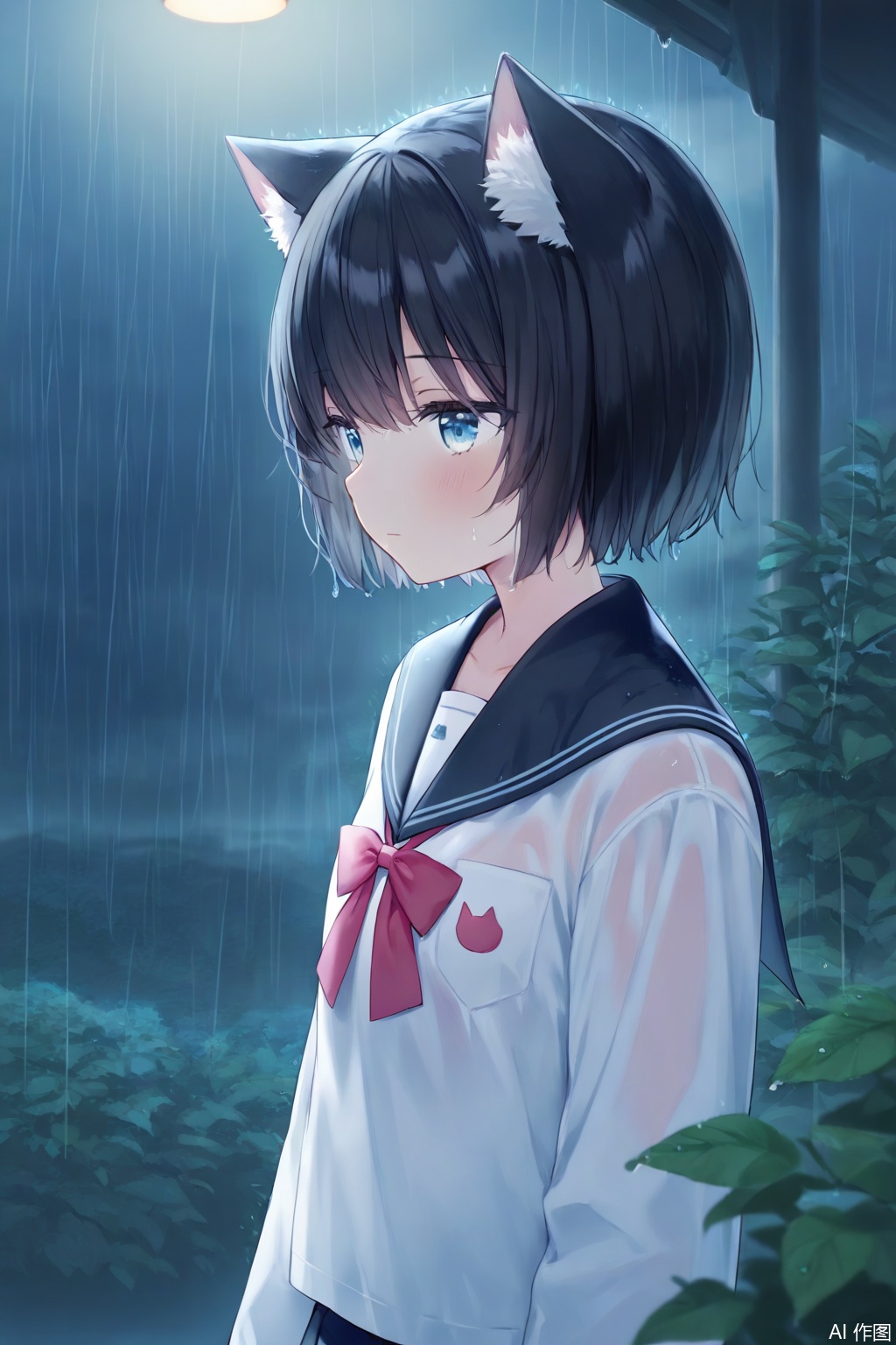 animal_ears,1girl,black_hair,sailor_collar,solo,short_hair,cat_ears,school_uniform,serafuku,black_sailor_collar,upper_body,rain,shirt,white_shirt,long_sleeves,night,closed_mouth,scenery,bangs,