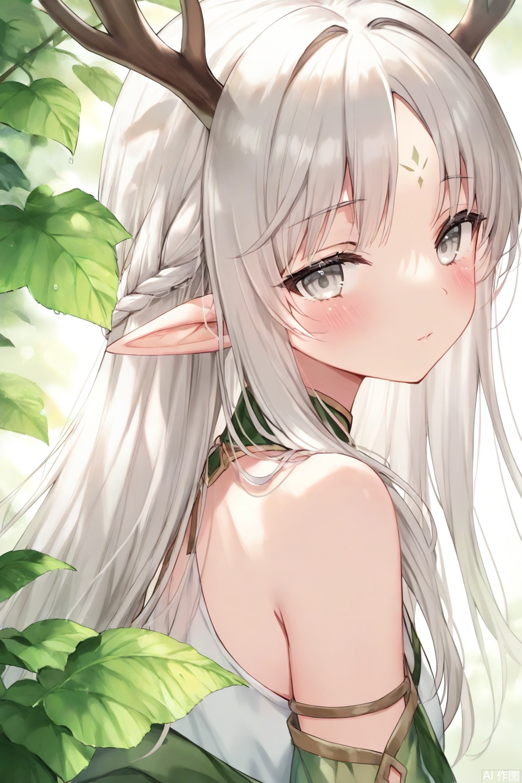 1girl,solo,long hair,looking at viewer,blush,bangs,bare shoulders,upper body,braid,white hair,pointy ears,off shoulder,from side,looking to the side,grey eyes,leaf,facial mark,elf,forehead mark,antlers,