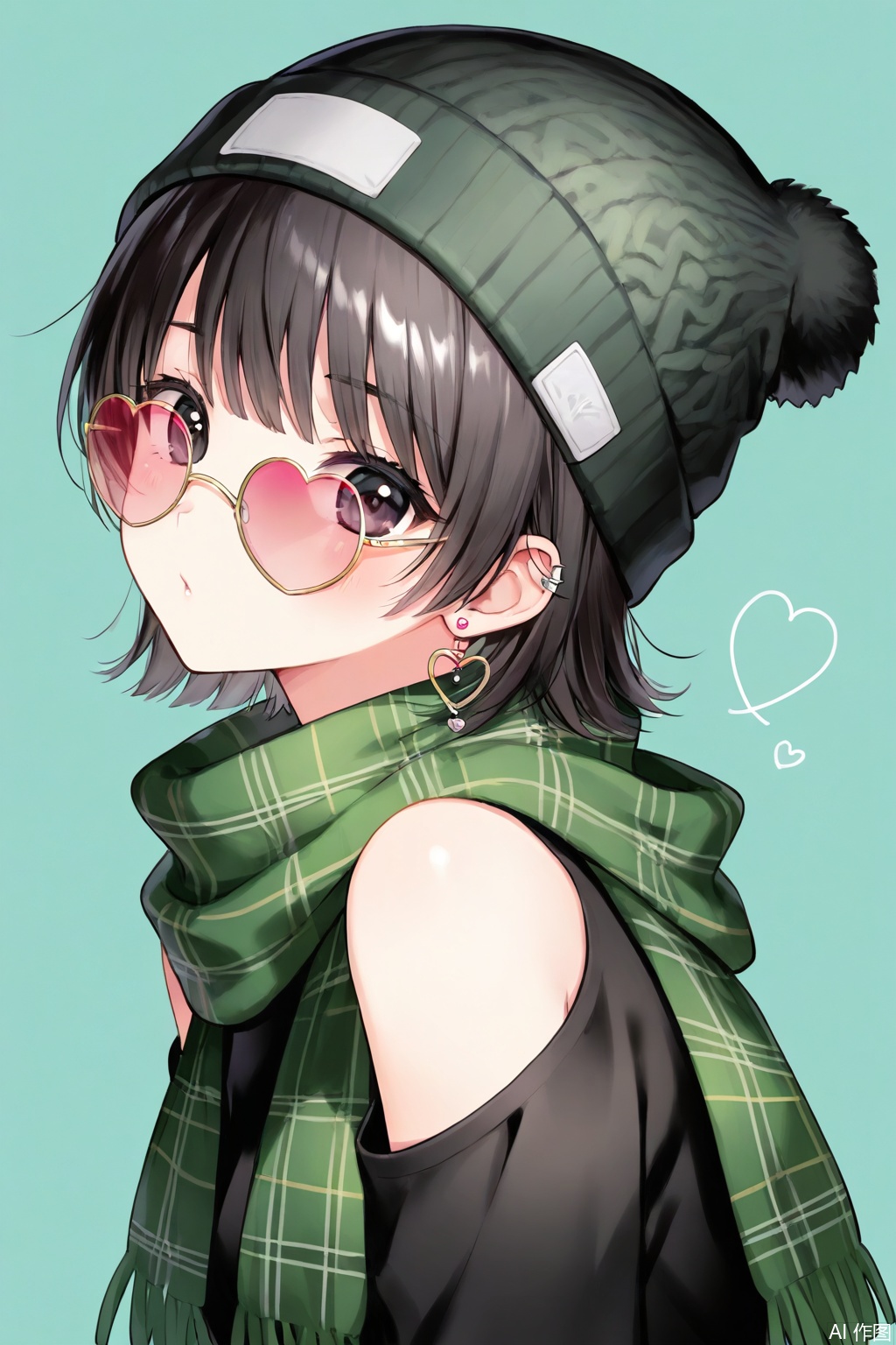 1girl,black hair,jewelry,beanie,earrings,scarf,solo,green background,hat,sunglasses,heart,green scarf,simple background,heart earrings,upper body,short hair,bangs,looking at viewer,black eyes,